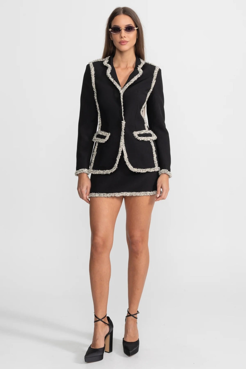 Parıltılı Kenarlı Blazer Ve Uyumlu Mini Etekli Tweed Takım - Siyah