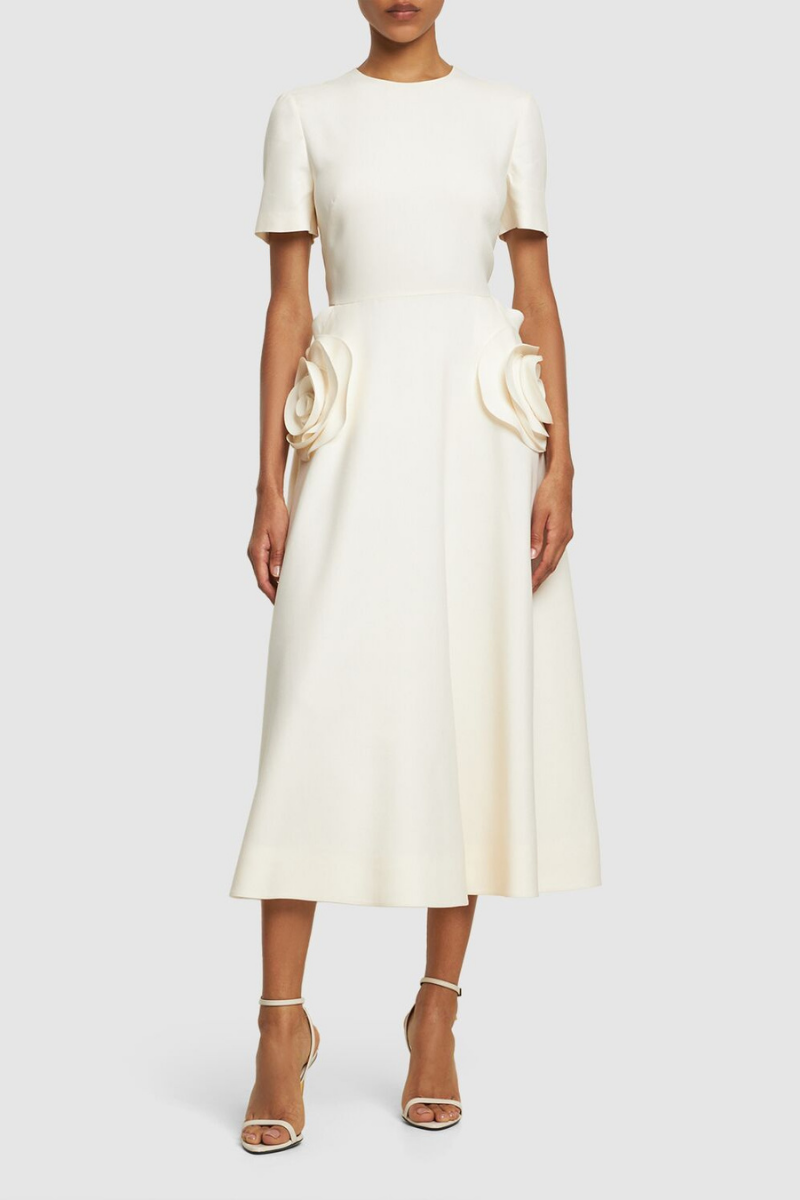 Ava Çiçek Aplikeli Kısa Kollu Midi Elbise