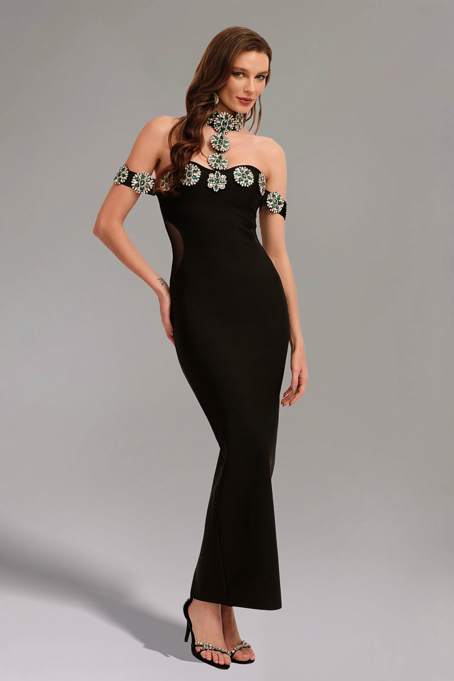 Rucifa Taş Detaylı Tek Omuzlu Uzun Elbise