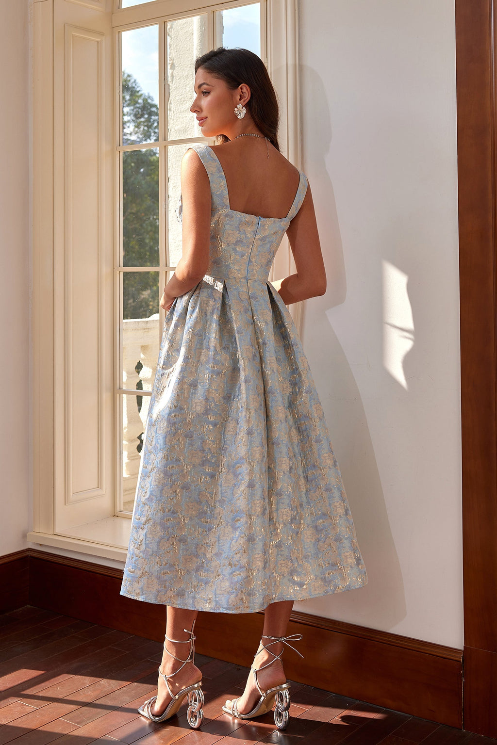 Sarah Mavi Jakarlı A Kesim Midi Elbise