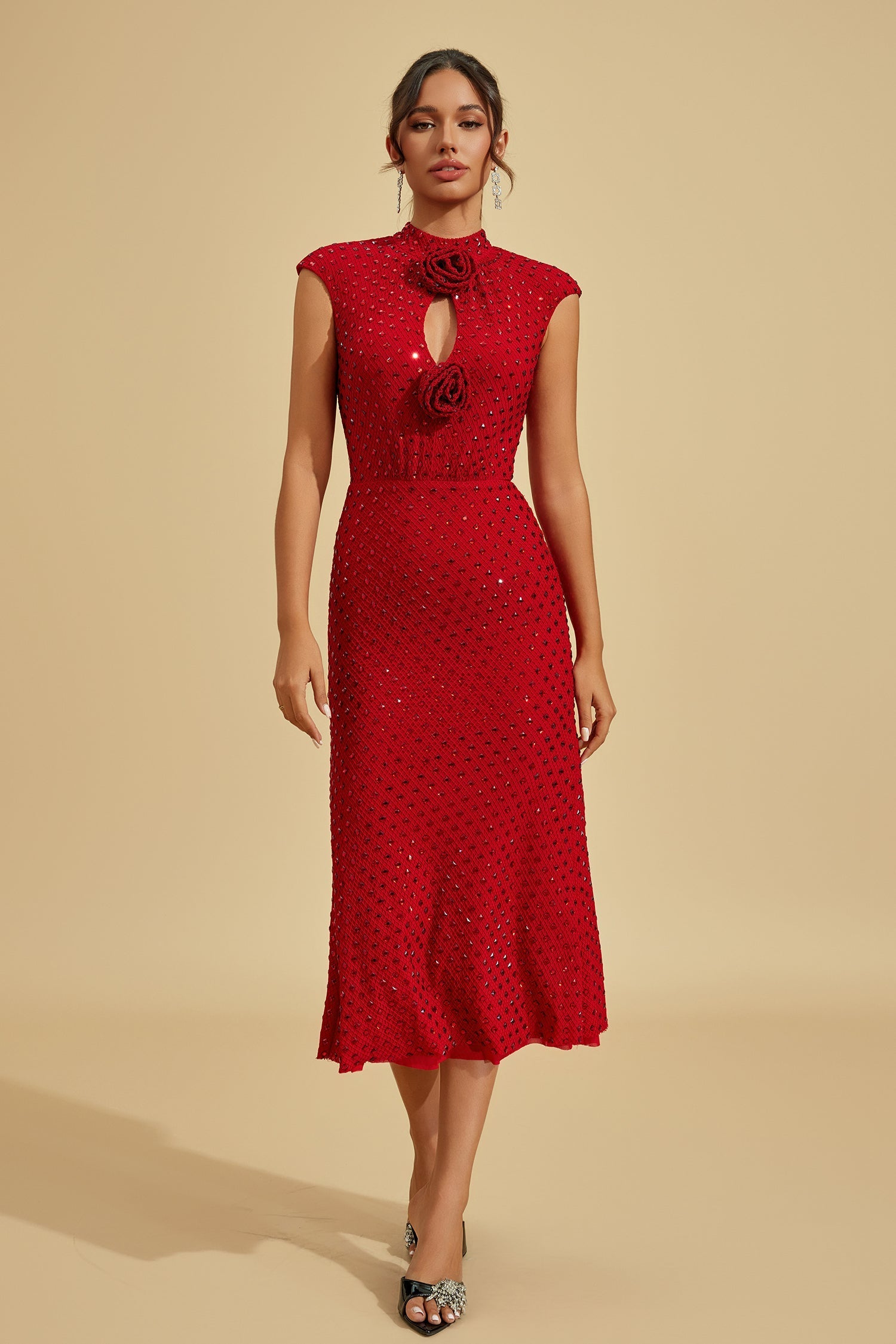 Lavinia Yakut Çiçeği Taşlı Midi Elbise