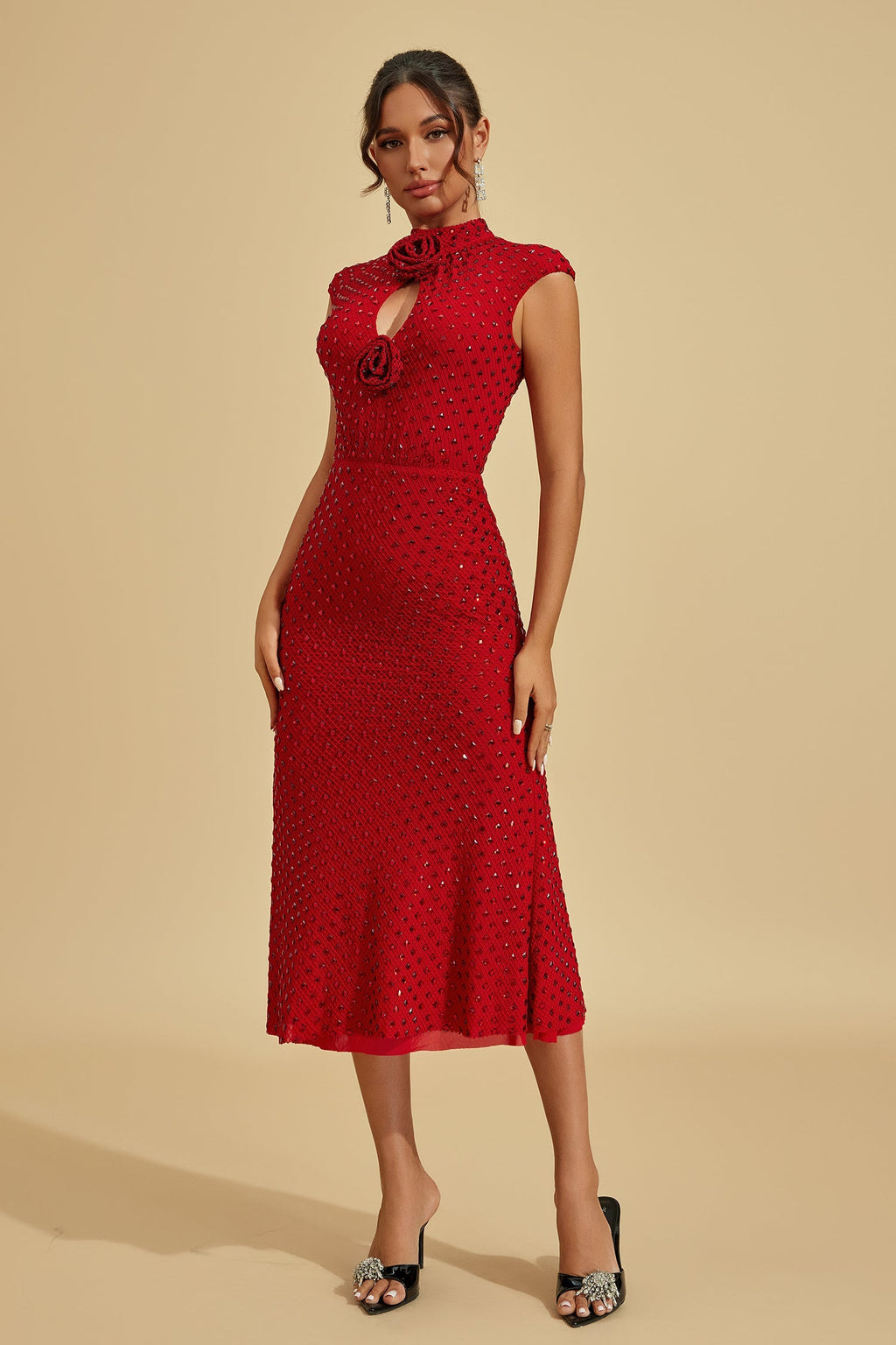 Lavinia Yakut Çiçeği Taşlı Midi Elbise