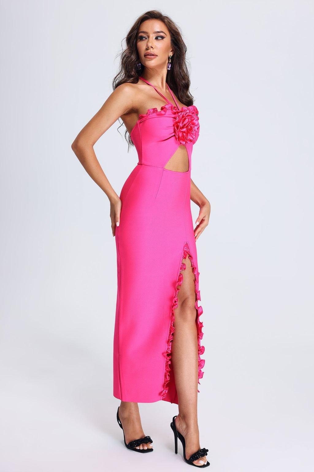 Lori Halter Yaka Pembe Bandaj Elbise