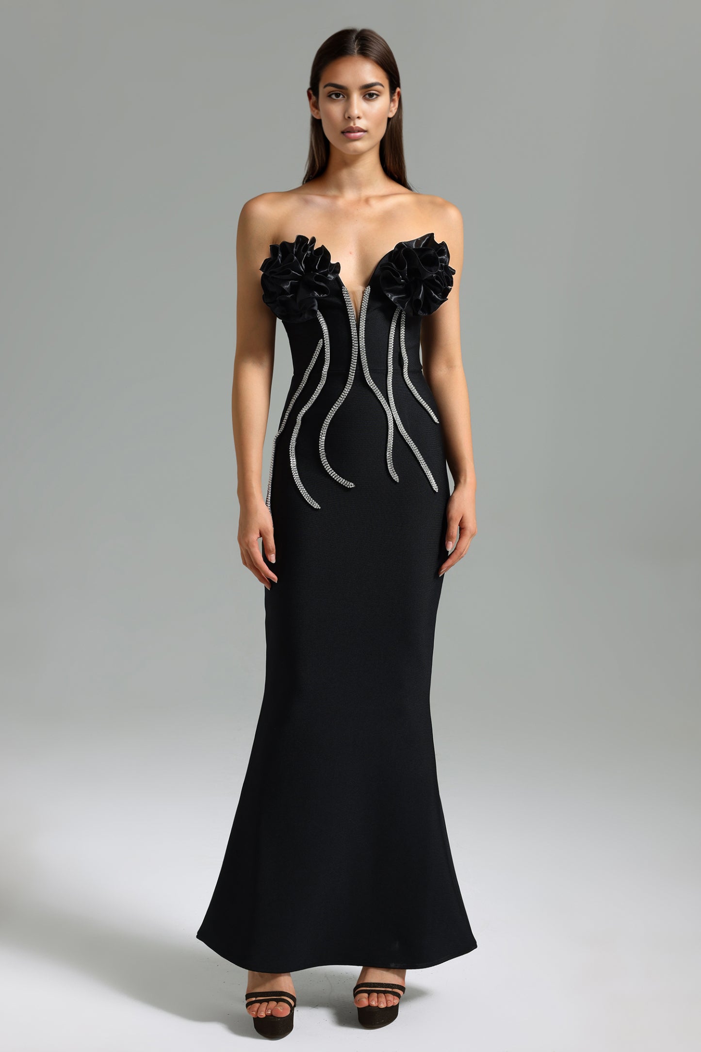 Vafa Omuzları Açık Taş Detaylı Bandaj Midi Elbise