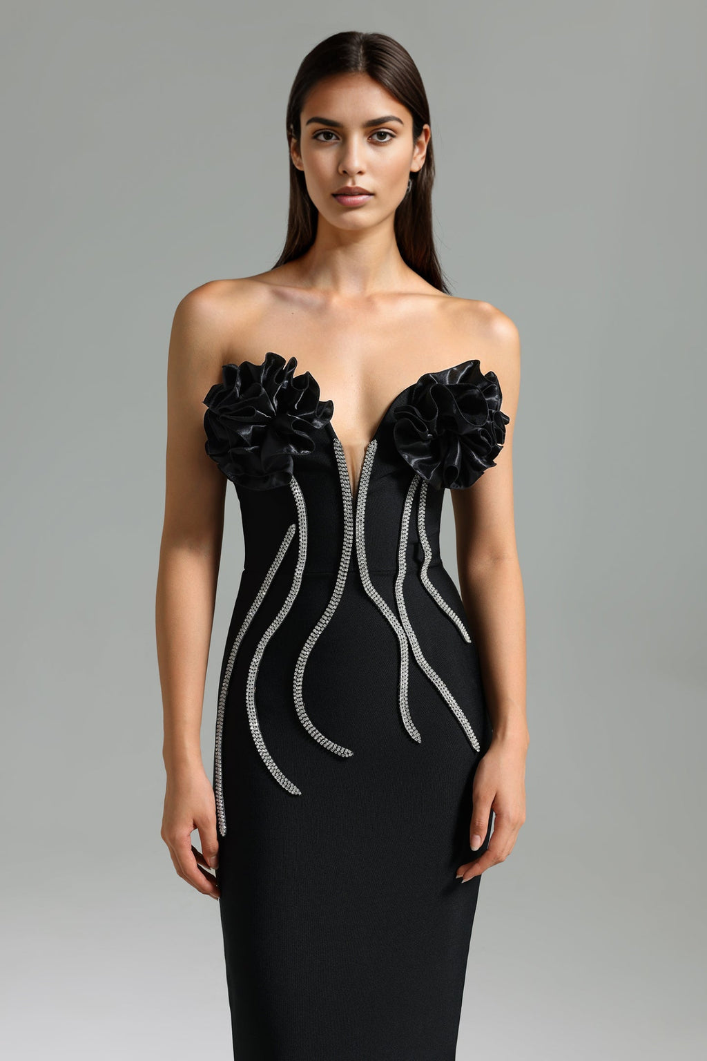 Vafa Omuzları Açık Taş Detaylı Bandaj Midi Elbise