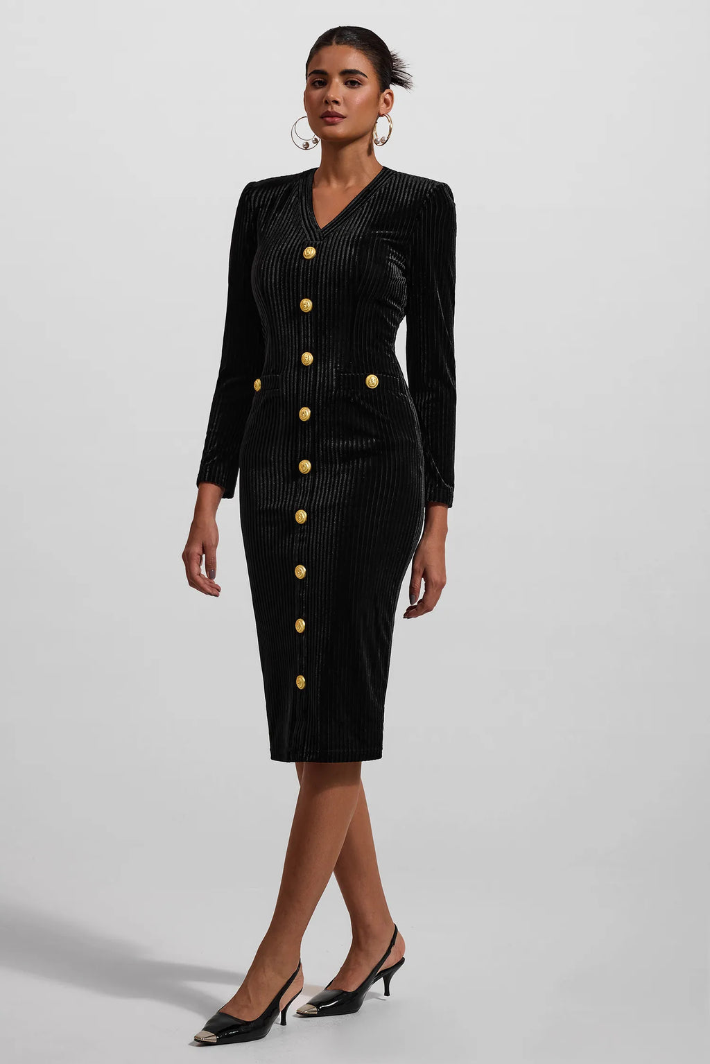 Kadife V Yaka Metal Düğmeli Midi Elbise