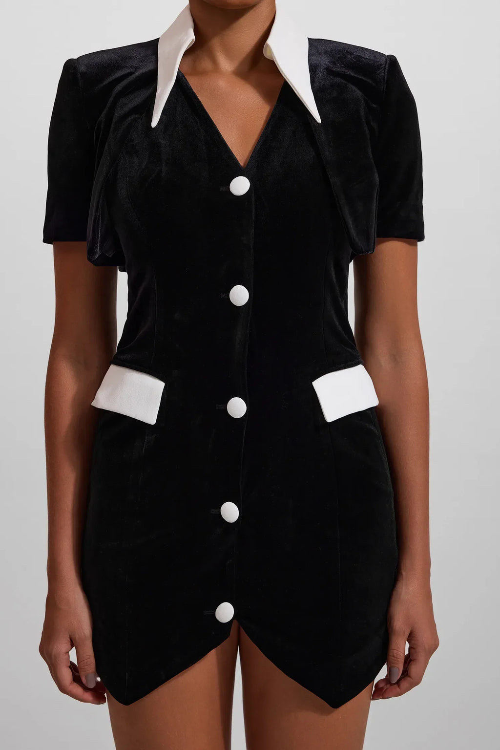 Kadife Düğmeli Kısa Kollu Mini Elbise