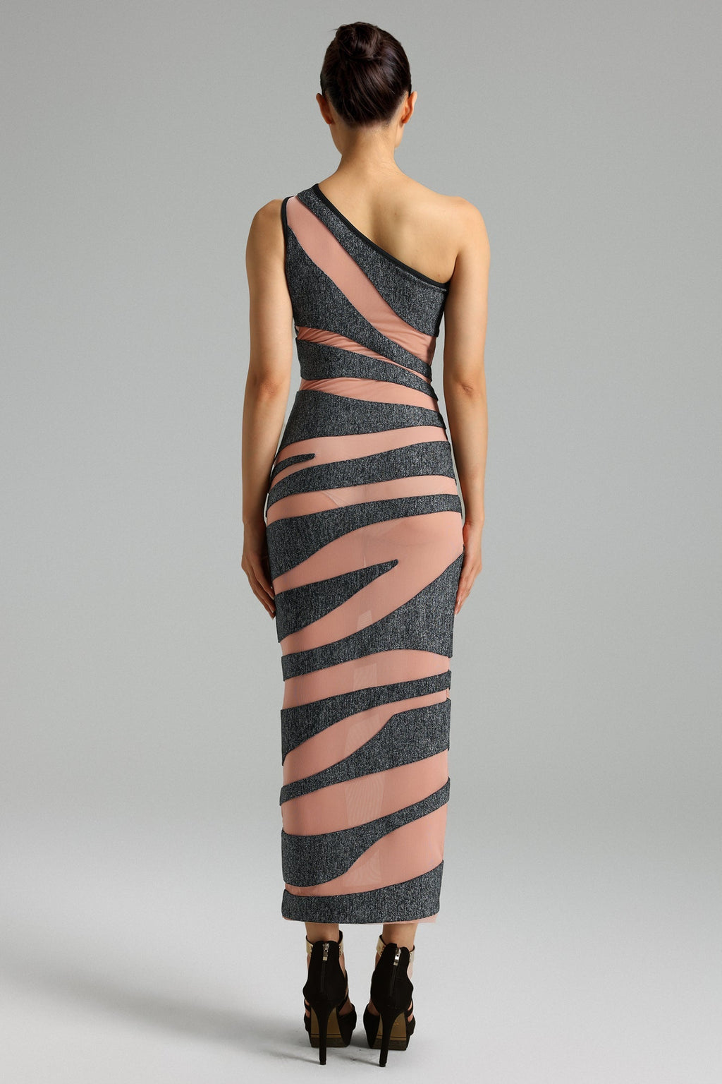 Siyah Patchwork Desenli Tek Omuz Maxi Elbise