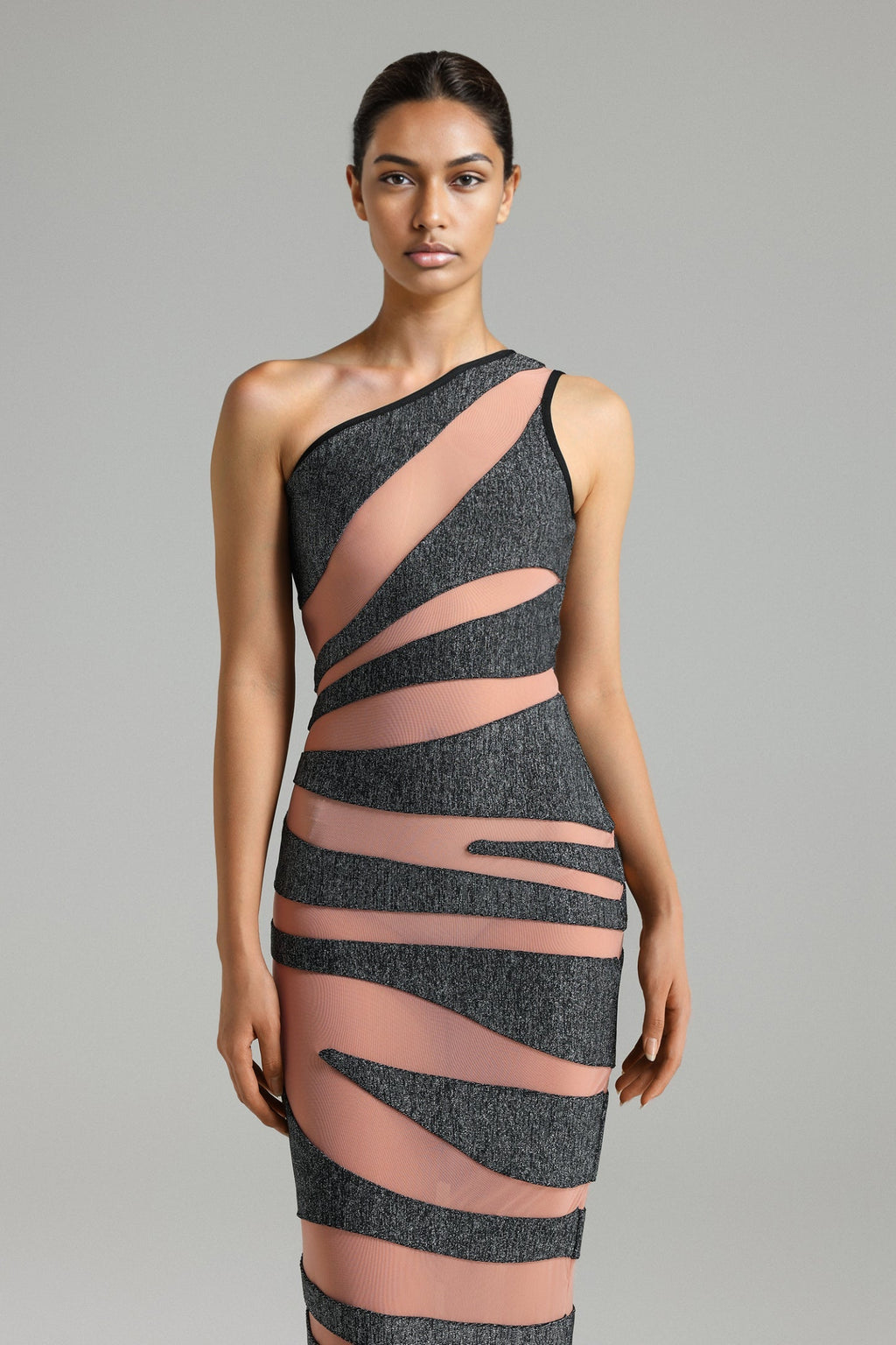 Siyah Patchwork Desenli Tek Omuz Maxi Elbise