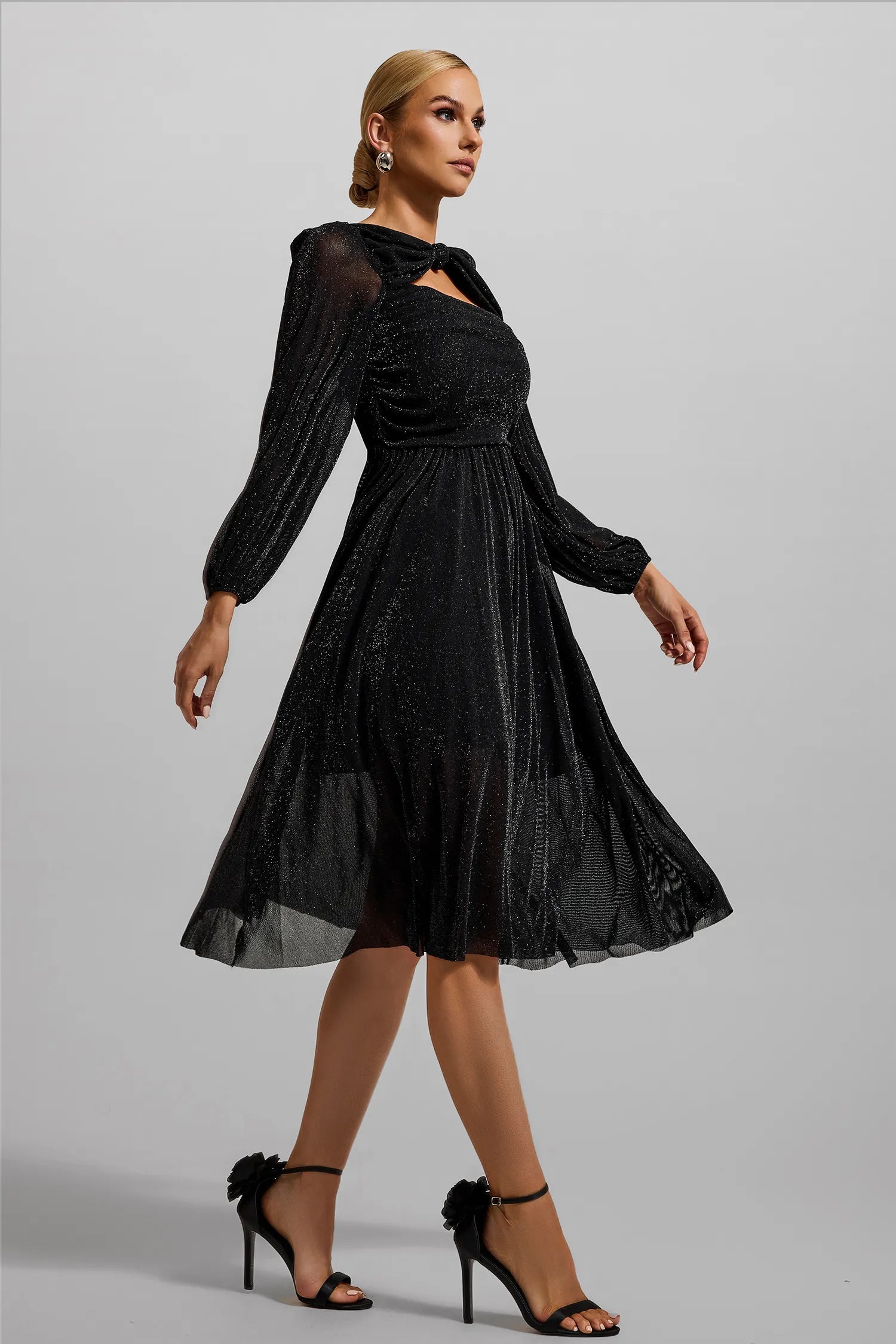 Düğümlü Dantelli Fener Kol Midi Elbise