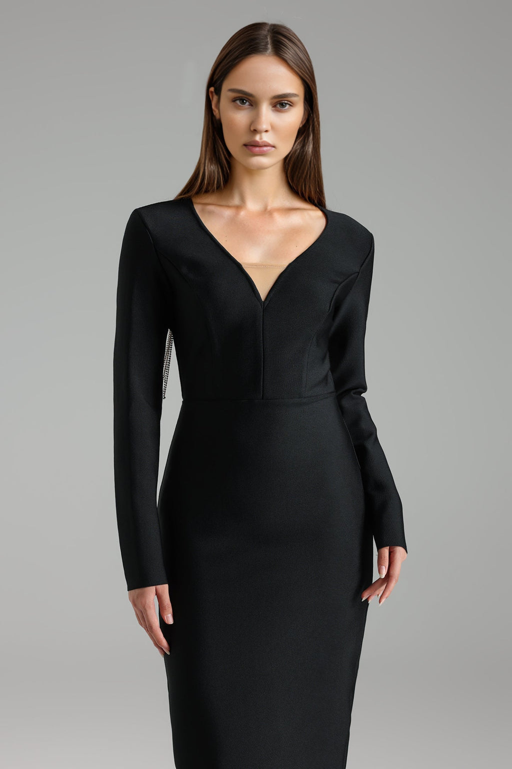 Wenrey V Yaka Uzun Kollu Bağcıklı Maksi Elbise