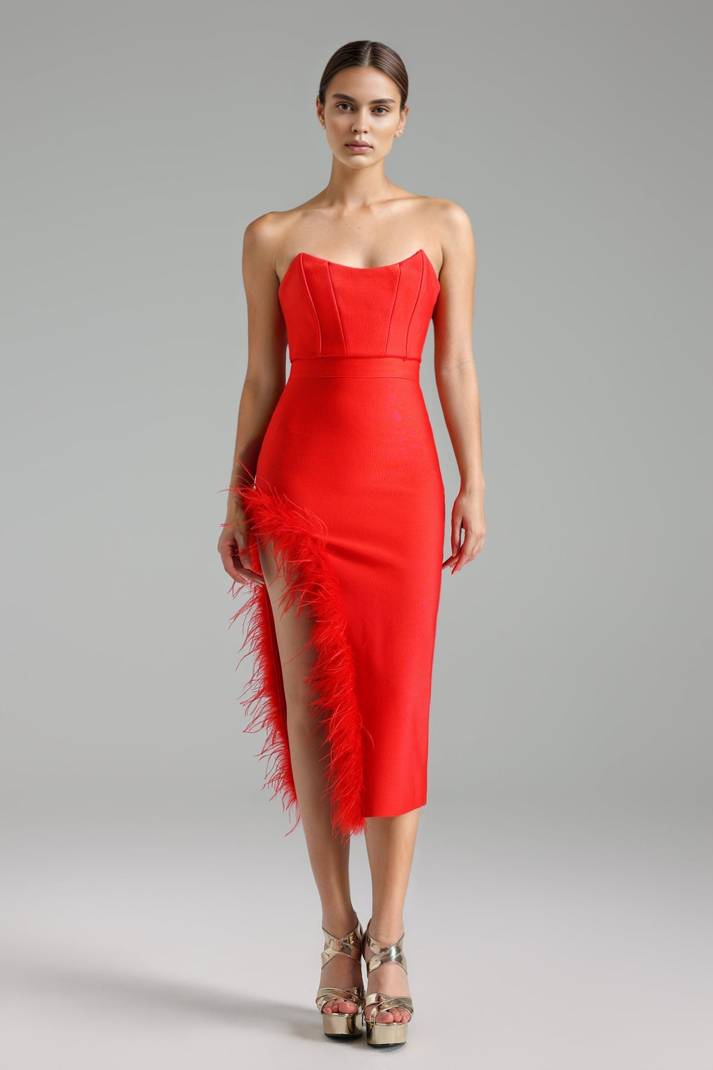 Sarai Strapless Yırtmaç Detaylı Bandaj Maxi Elbise