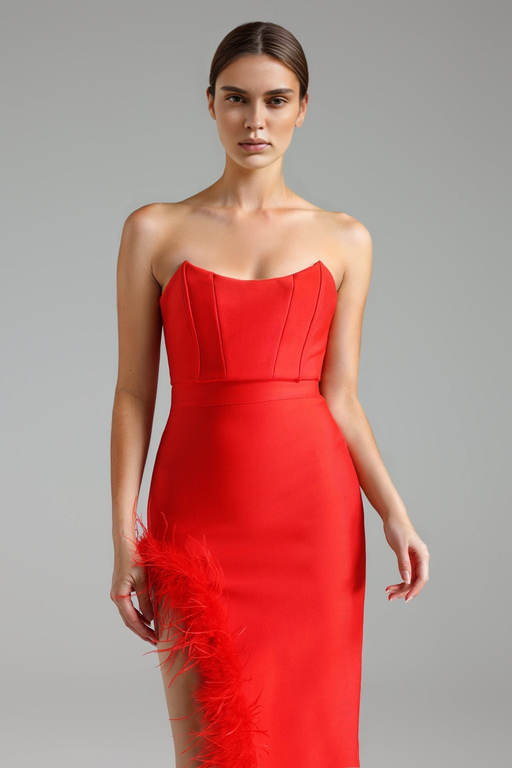 Sarai Strapless Yırtmaç Detaylı Bandaj Maxi Elbise