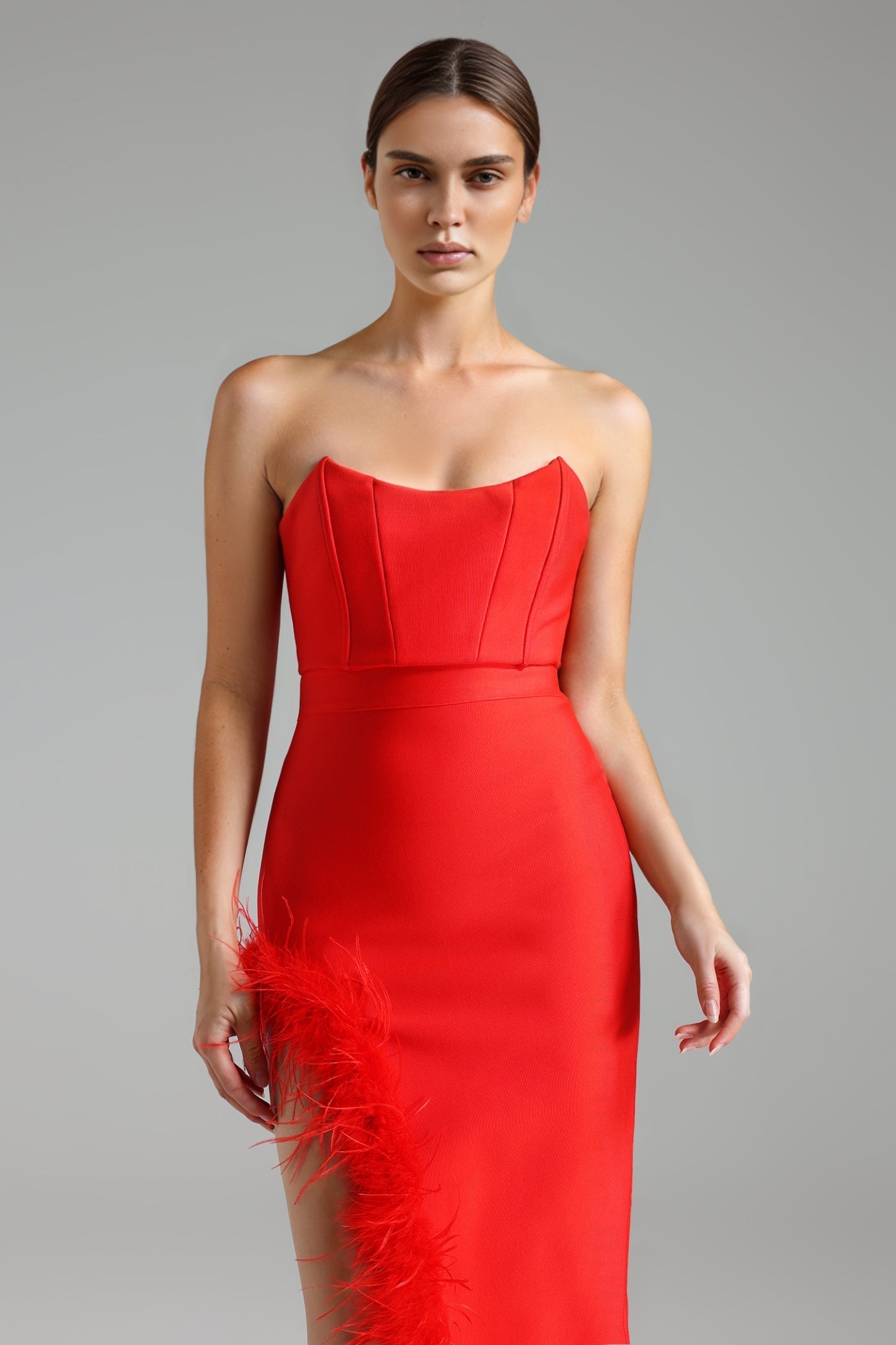 Sarai Strapless Yırtmaç Detaylı Bandaj Maxi Elbise