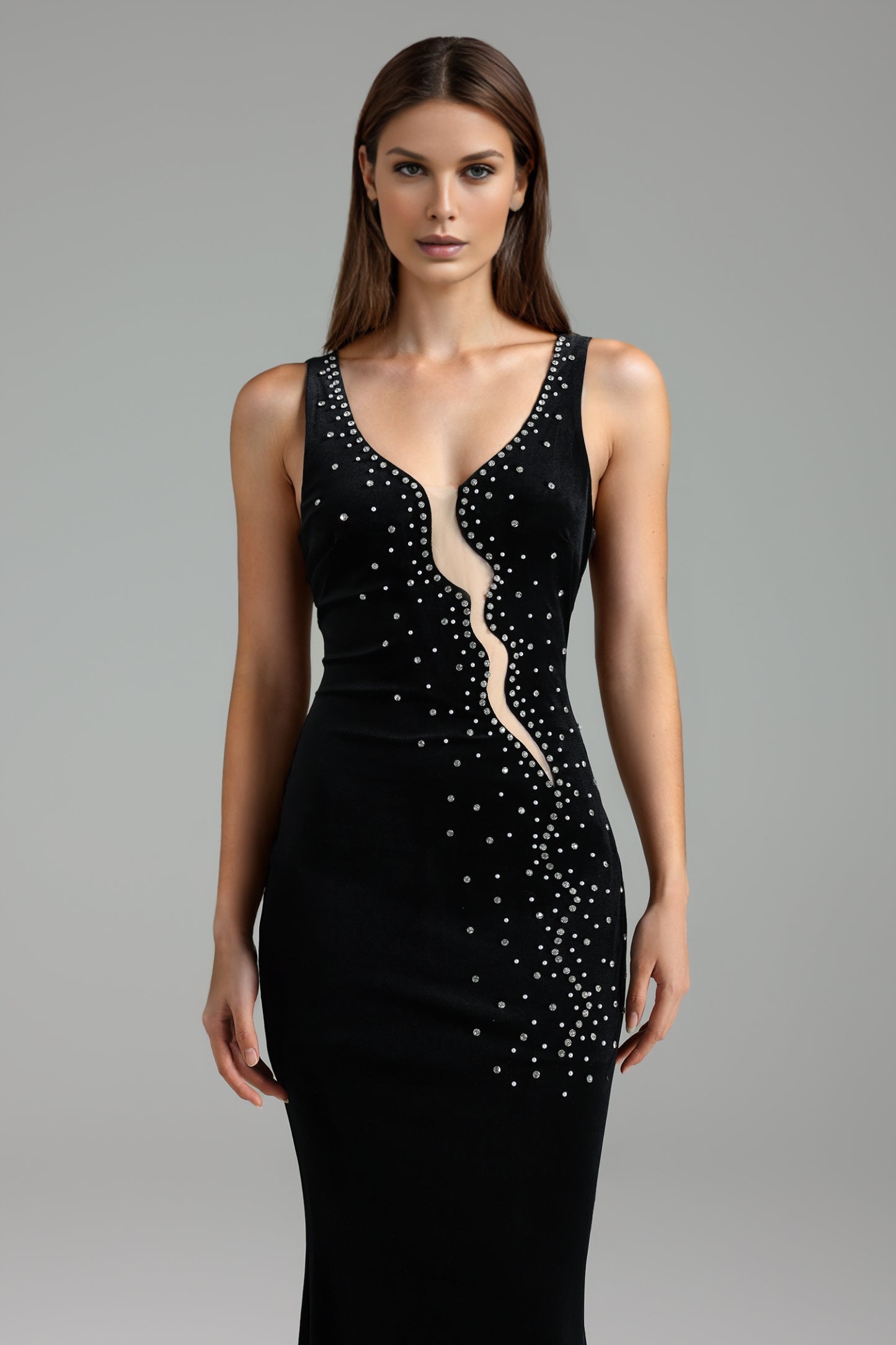 Vanina Taş Detaylı Kolsuz Uzun Elbise