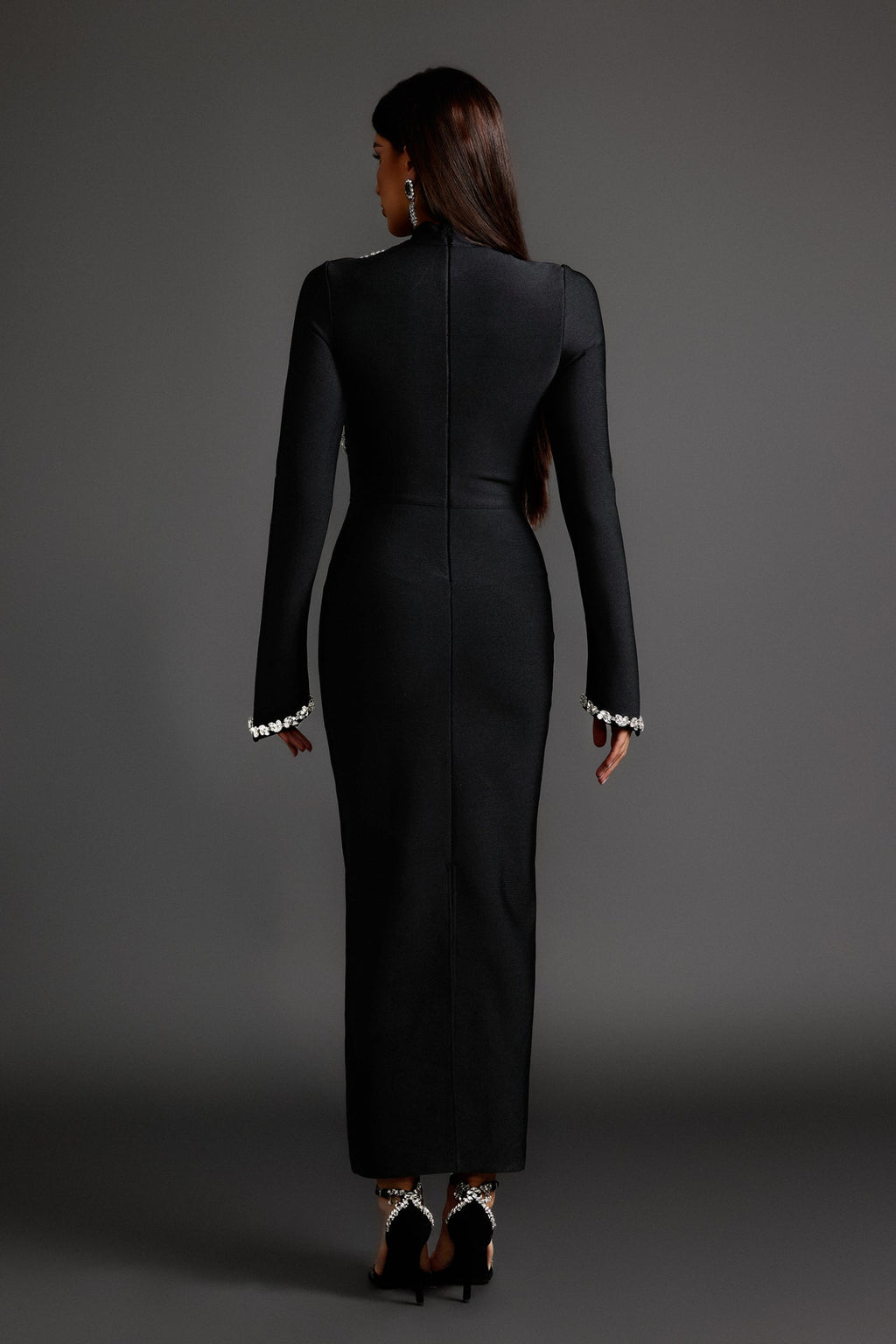 Uzun Kollu Taş Detaylı Bandaj Maxi Elbise