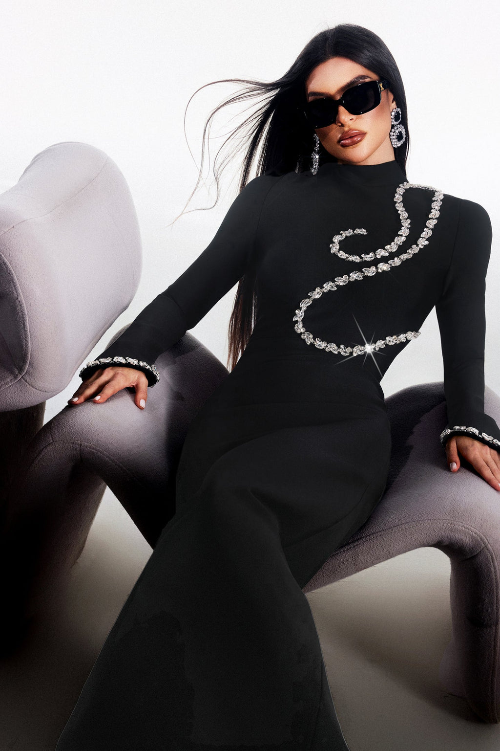 Uzun Kollu Taş Detaylı Bandaj Maxi Elbise