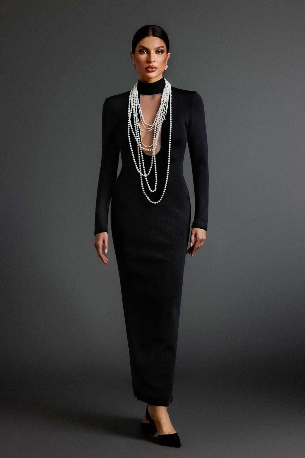 Gabriella İnci Detaylı Dar Uzun Kollu Maxi Elbise