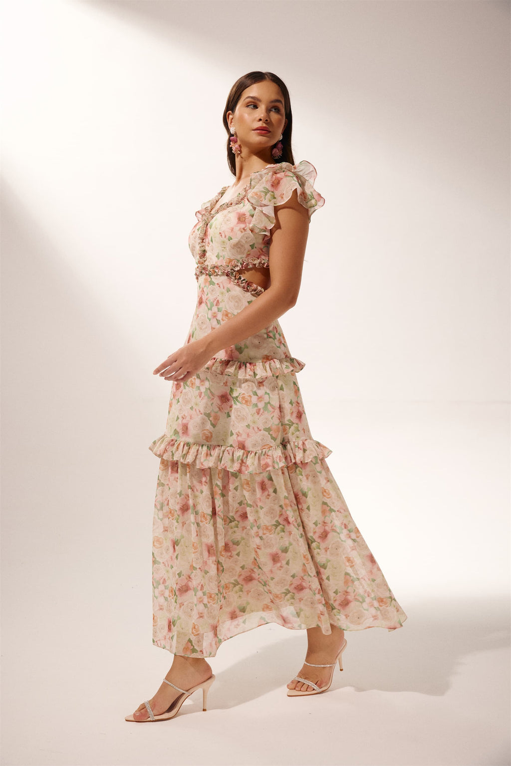 Agatha Baskılı Fırfırlı Cut-Out Midi Elbise