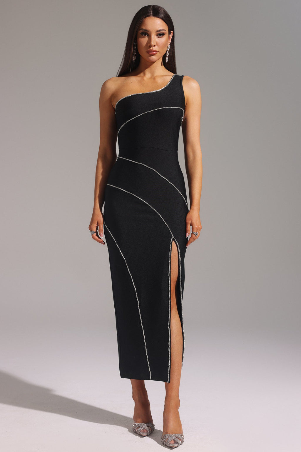 Saga Tek Omuz Taş Detaylı Bandaj Maksi Elbise