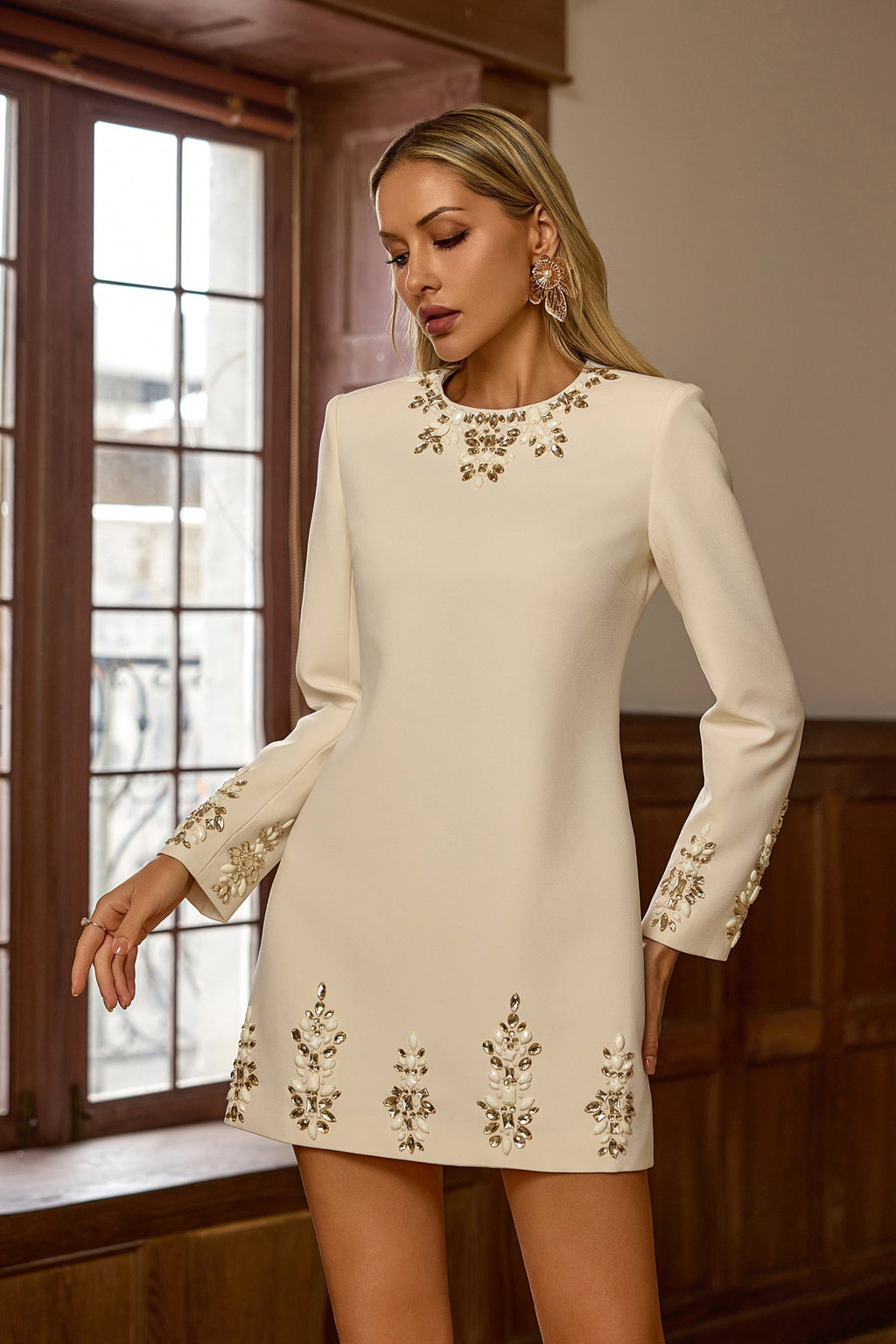 Narnia Bej Uzun Kol Mini Elbise