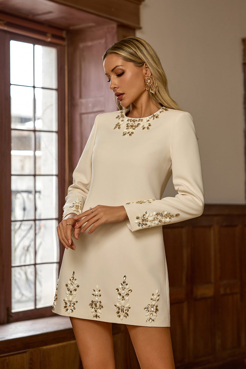 Narnia Bej Uzun Kol Mini Elbise