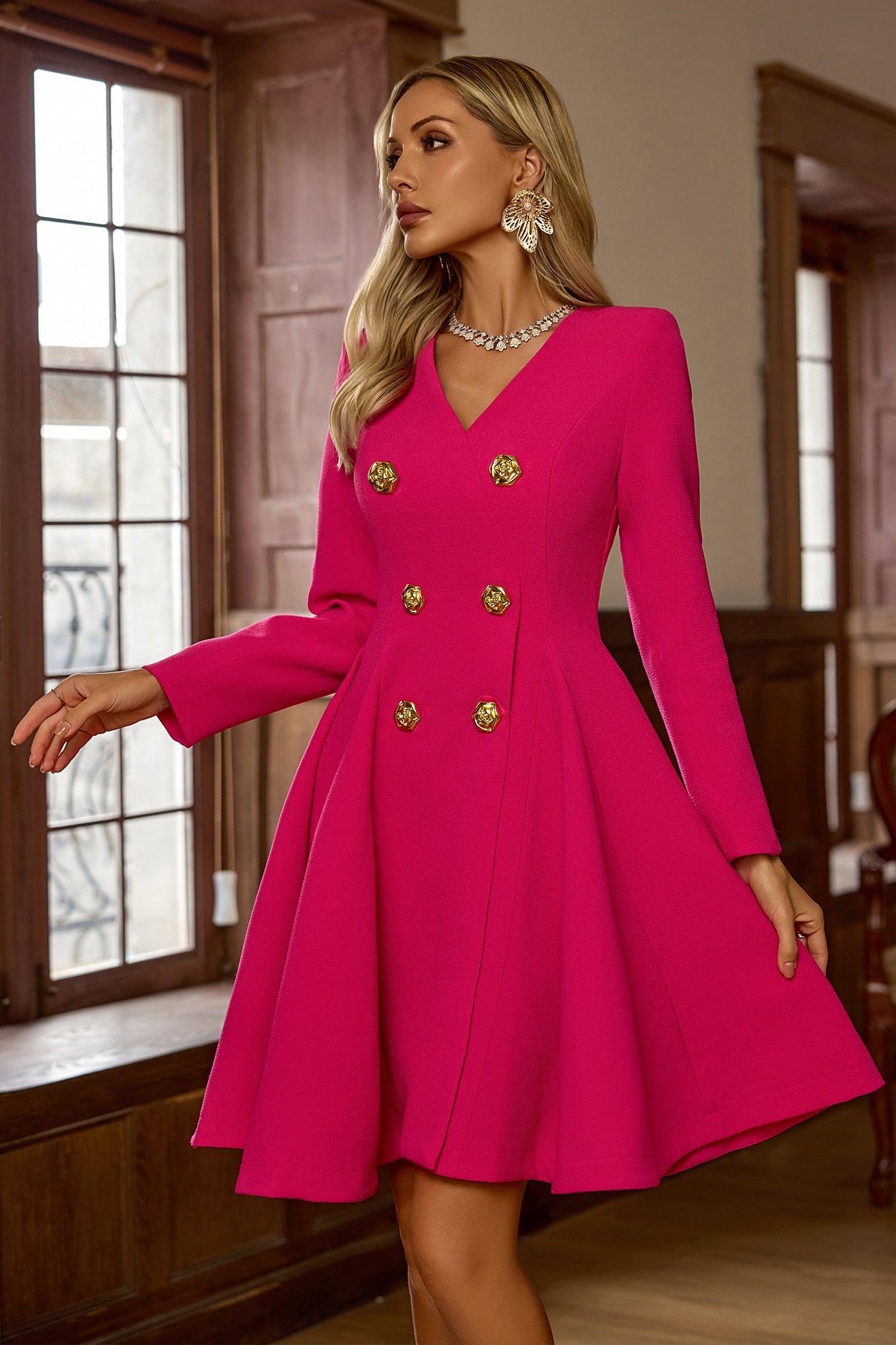 Peggie Uzun Kol Gül Kırmızı Mini Elbise