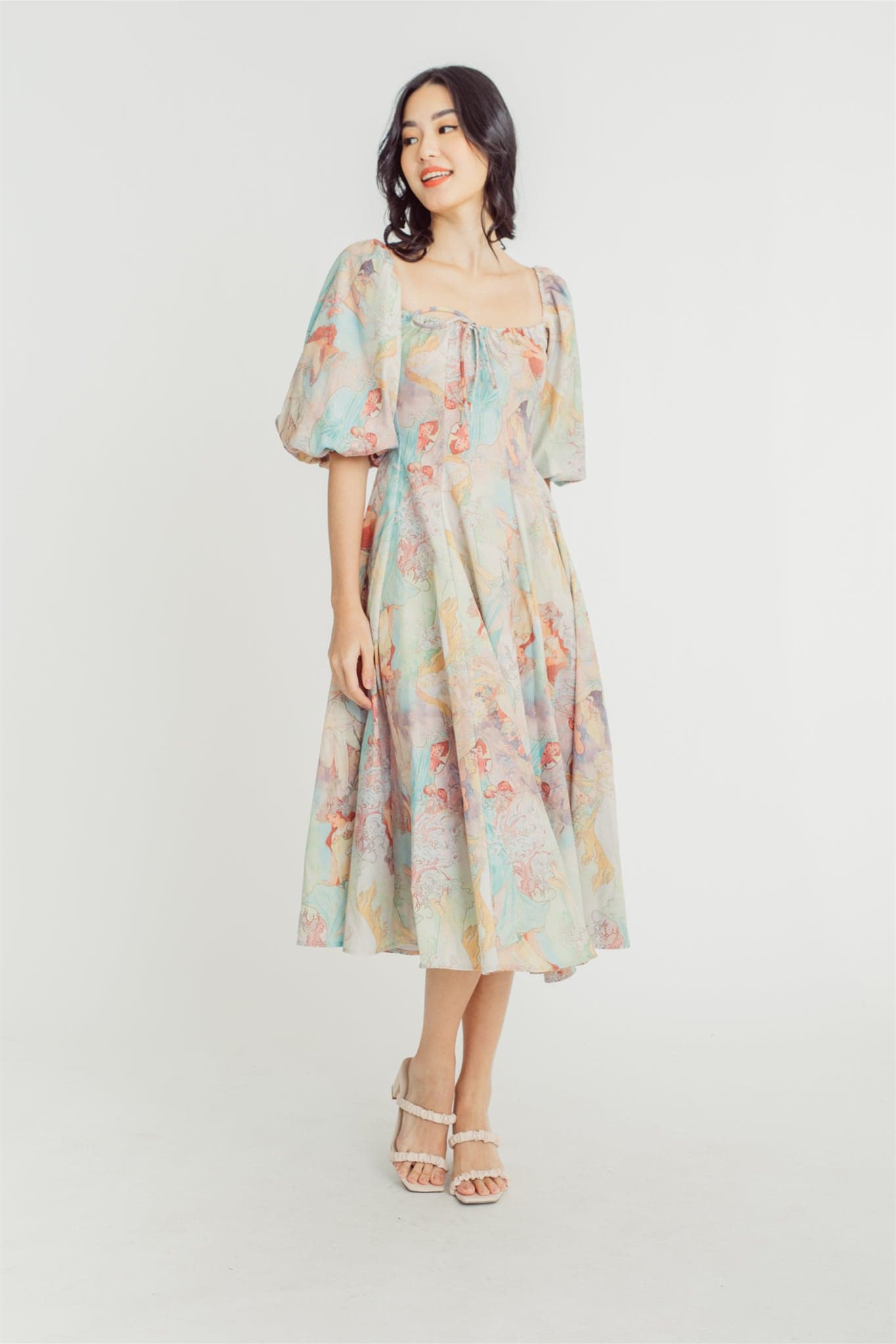 Joyce Baskılı Fener Kollu Midi Elbise