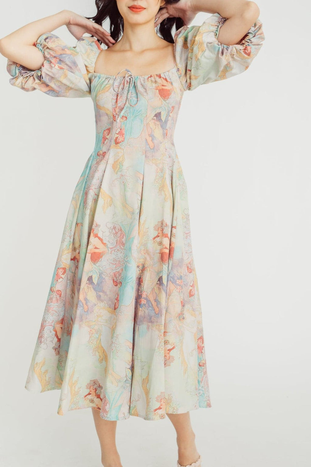 Joyce Baskılı Fener Kollu Midi Elbise