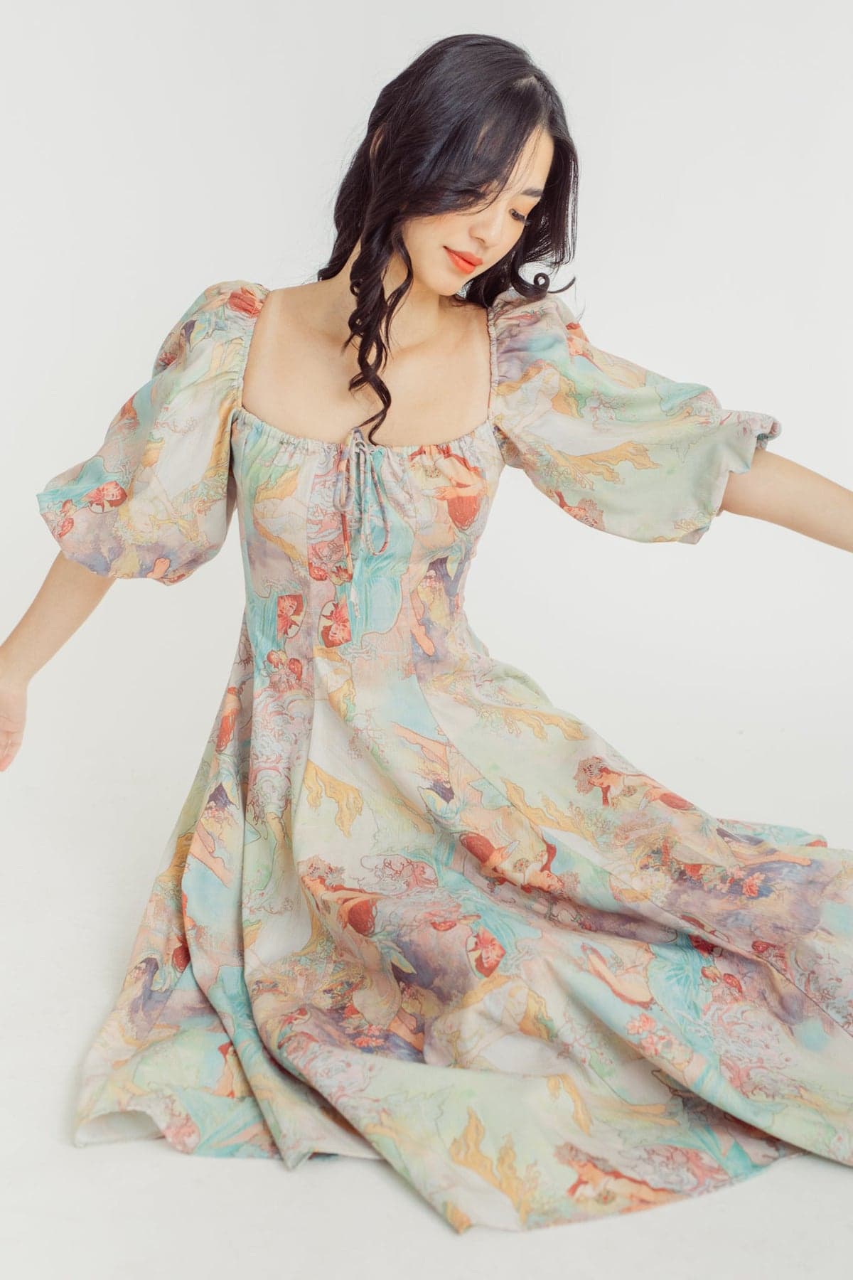 Joyce Baskılı Fener Kollu Midi Elbise