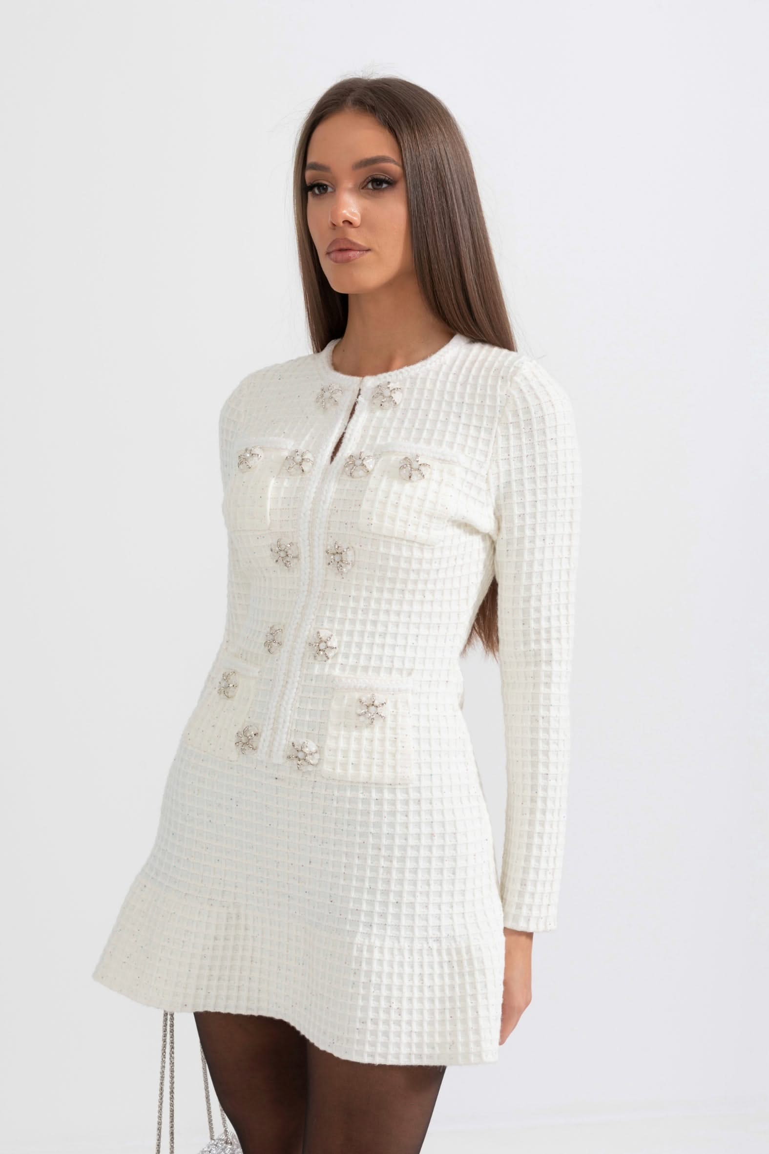 Uzun Kollu Diz Boyu Örme Elbise - Beyaz
