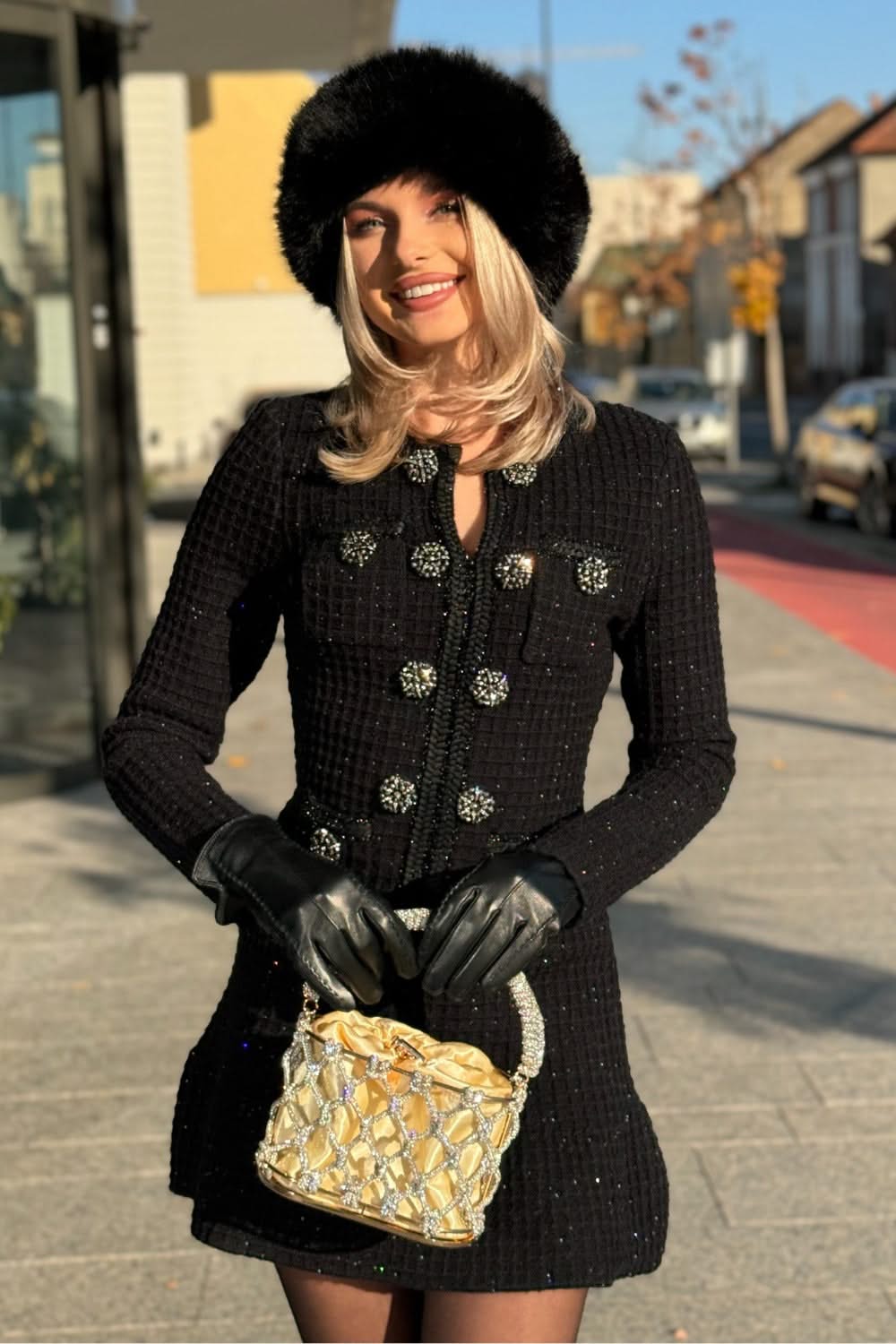 Uzun Kollu Diz Boyu Örme Elbise - Siyah