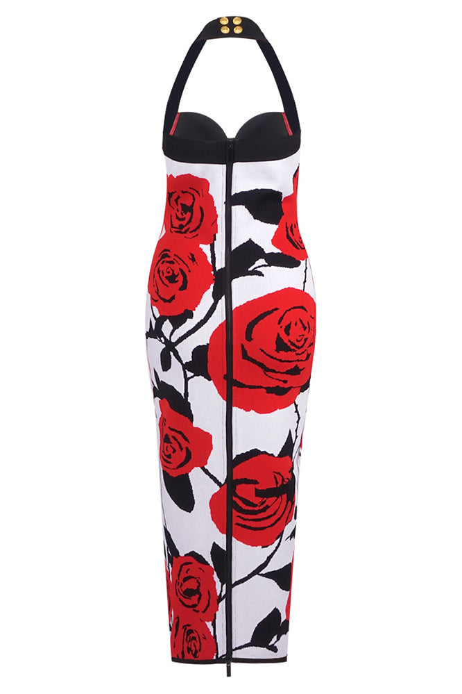 Boyundan Bağlamalı Büstiyer Çiçekli Midi Elbise