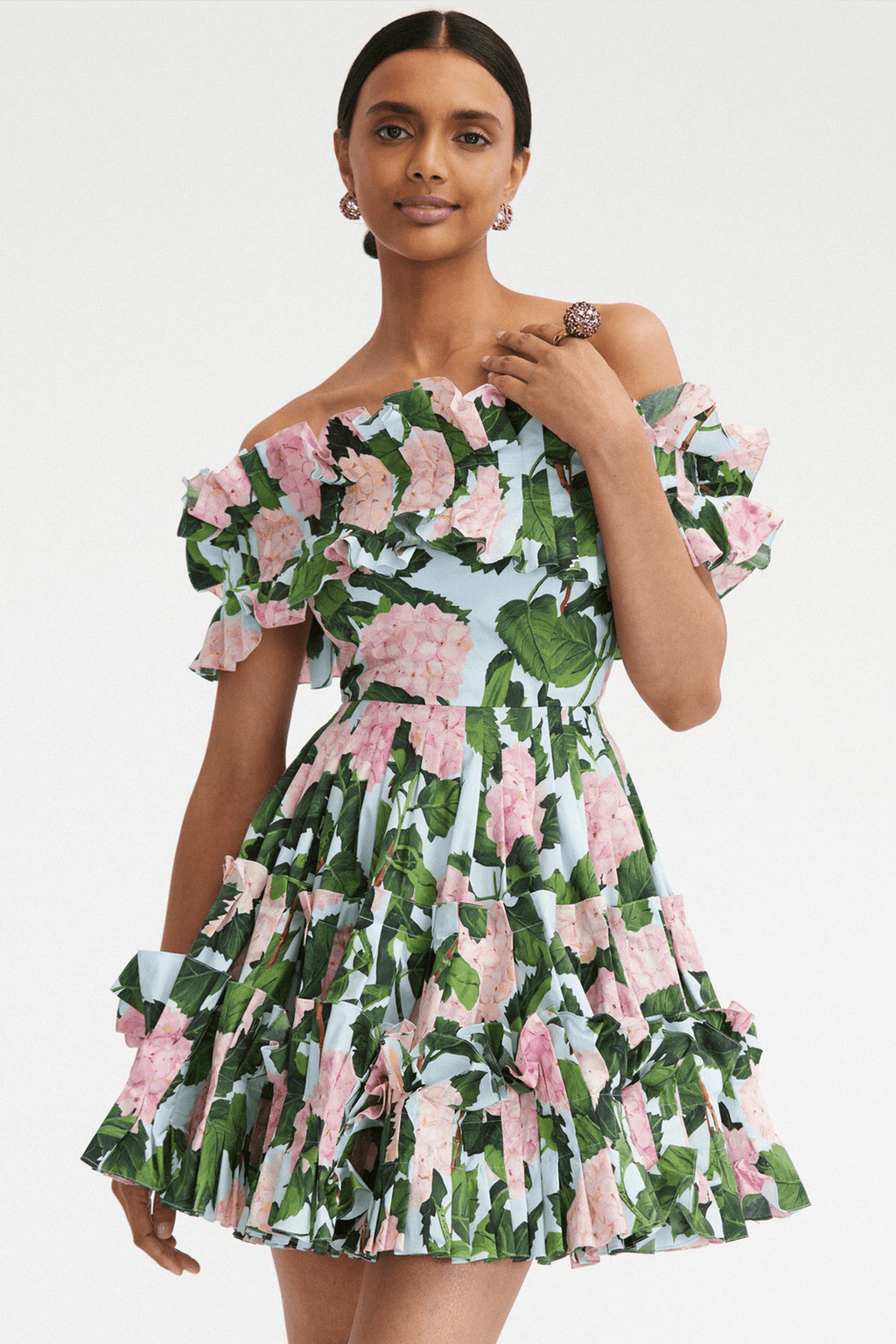 Bess Baskılı Fırfırlı Korsajlı Omuzu Açık Katlı Mini Elbise