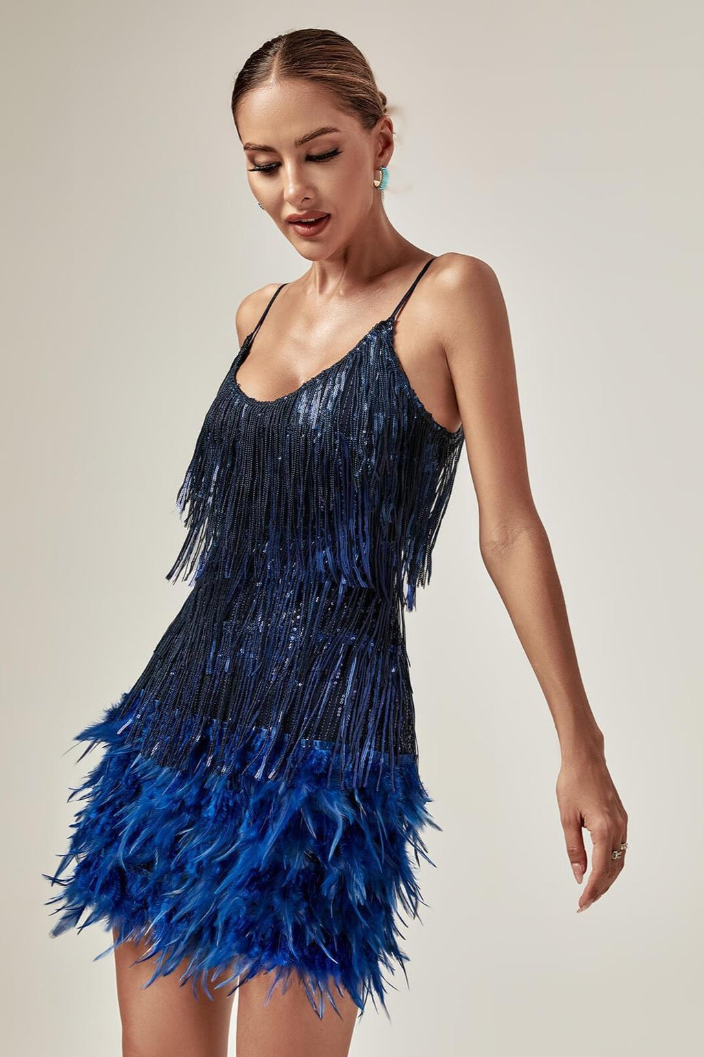 Austyn Püsküllü Tüy Mini Elbise Kraliyet Mavisi