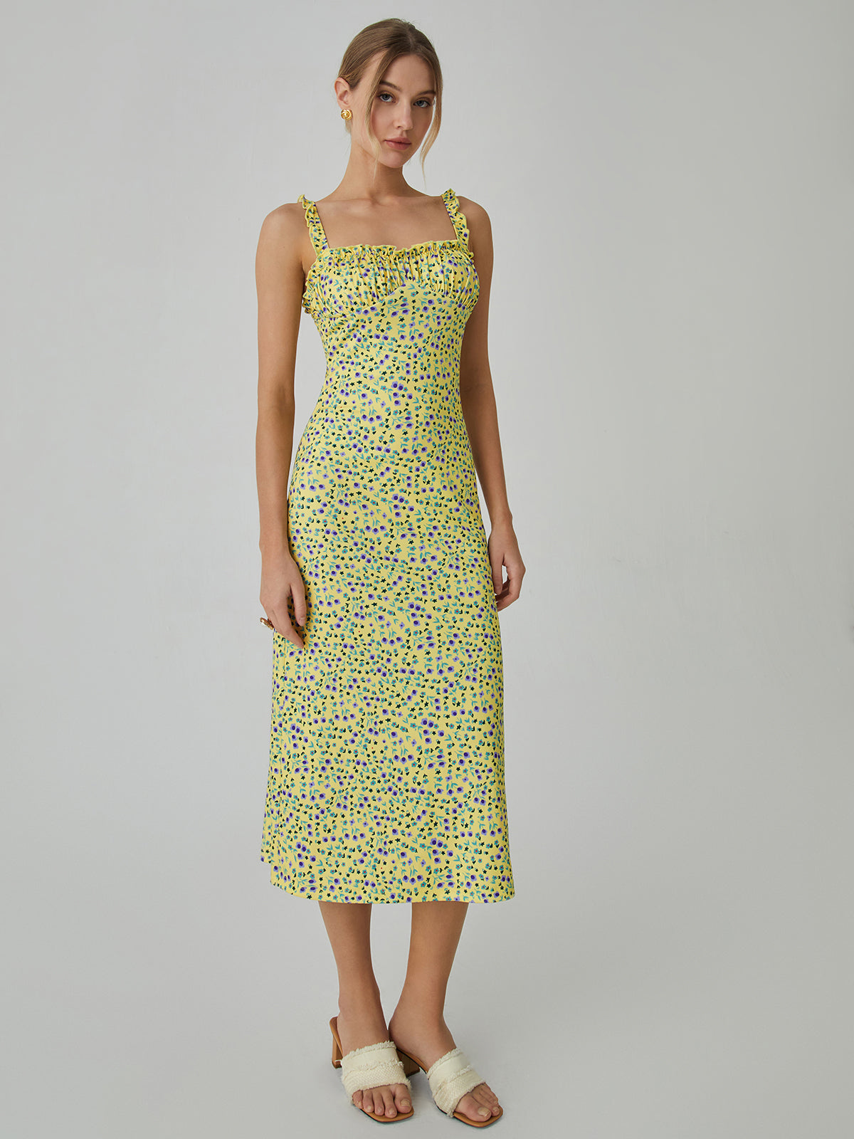 Askılı Büzgü Detaylı İnce Askılı Midi Elbise – Mavi