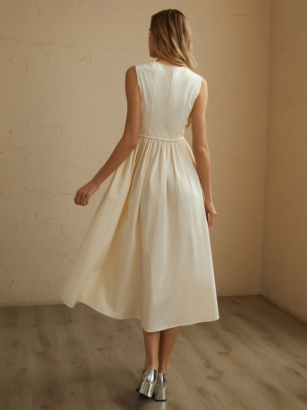 Kolsuz A Kesim Midi Elbise – Ekru