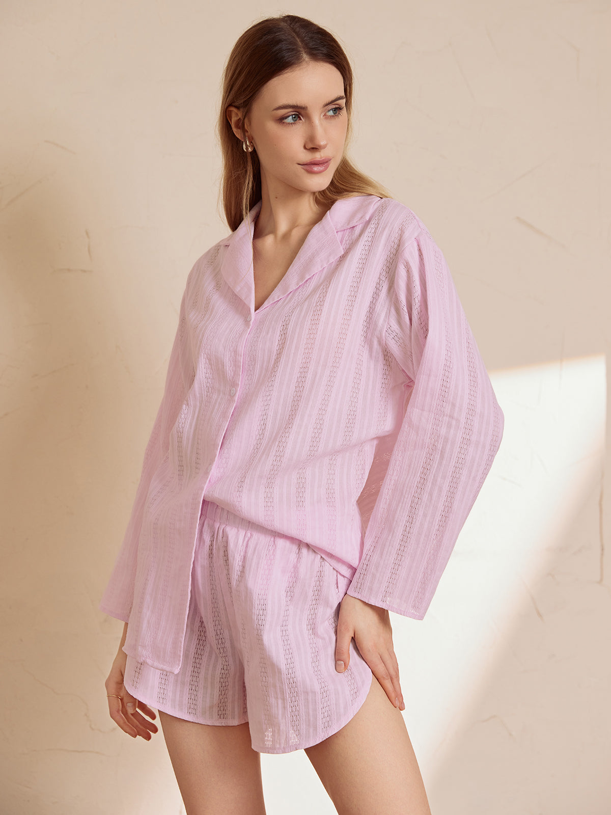 Düğmeli Örme Dokulu Rahat Şortlu Takım – Lila