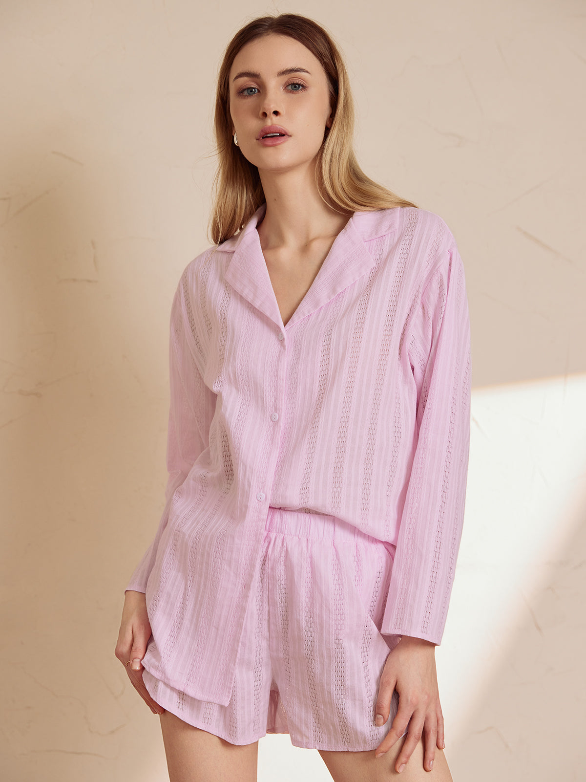 Düğmeli Örme Dokulu Rahat Şortlu Takım – Lila