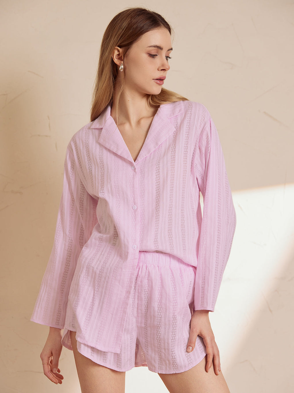 Düğmeli Örme Dokulu Rahat Şortlu Takım – Lila