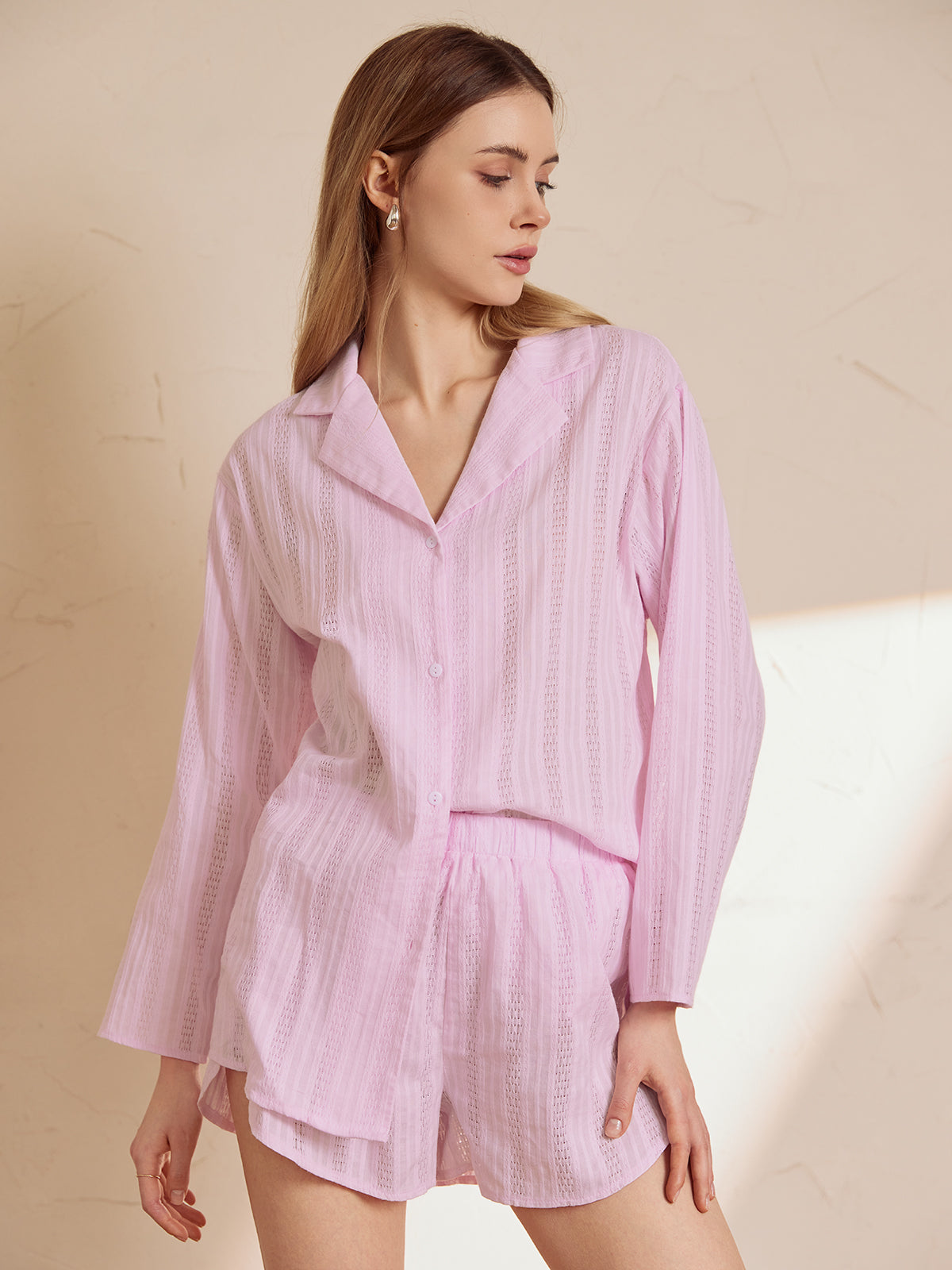 Düğmeli Örme Dokulu Rahat Şortlu Takım – Lila