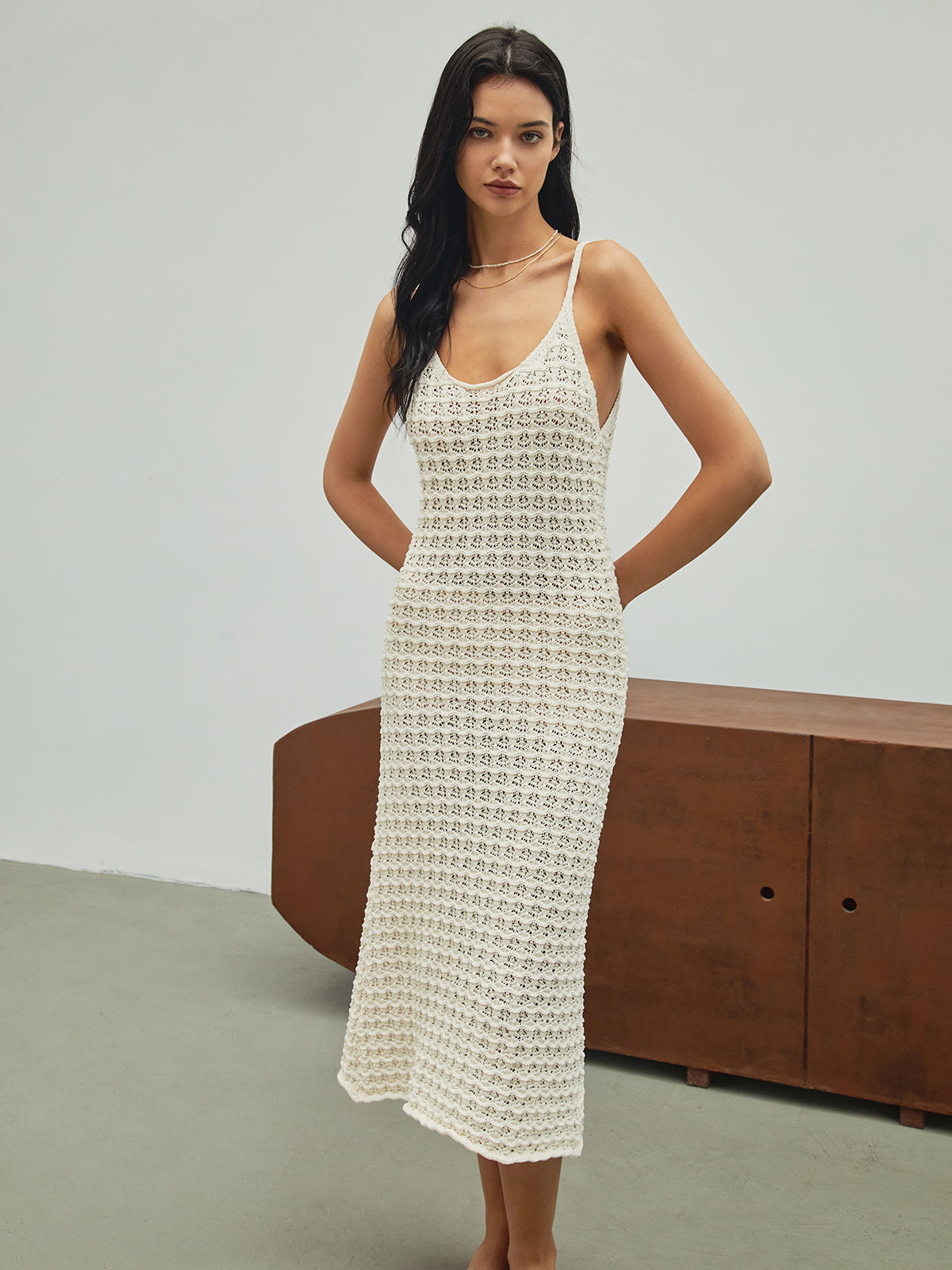Askılı Örgü Triko Midi Elbise – Ekru