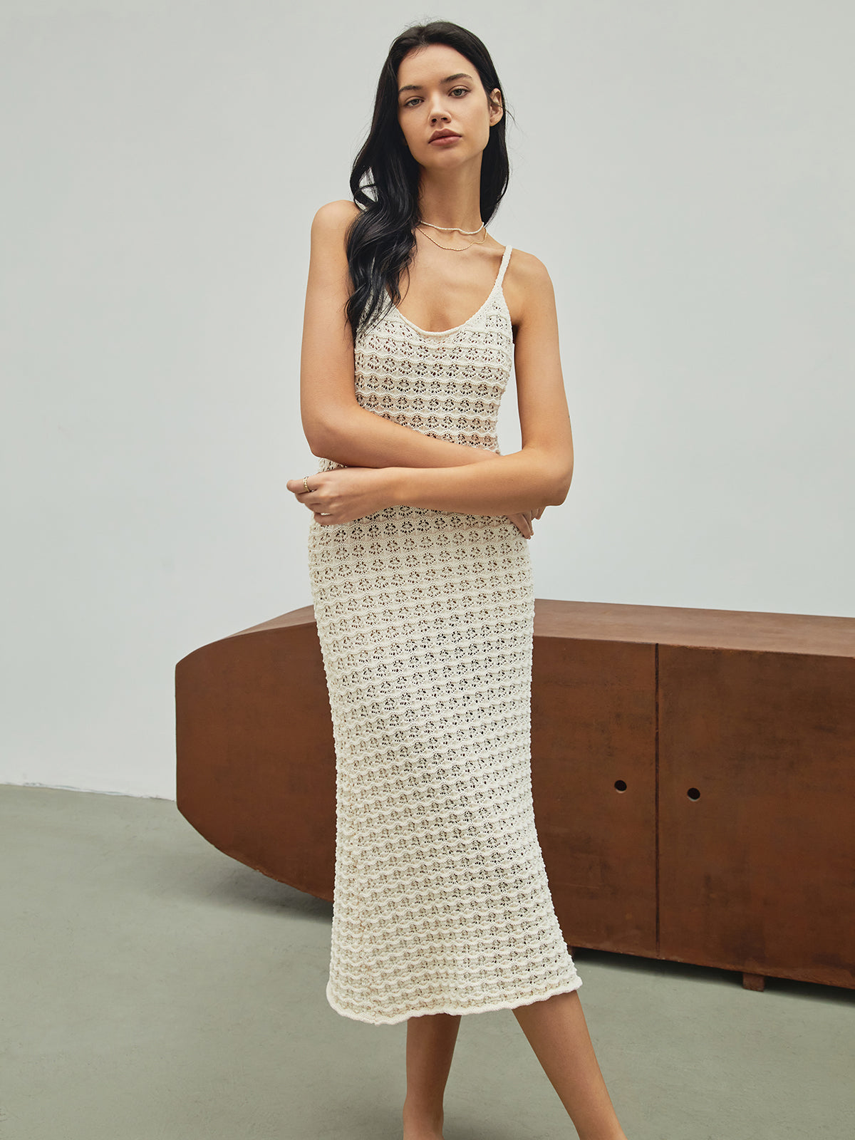 Askılı Örgü Triko Midi Elbise – Ekru