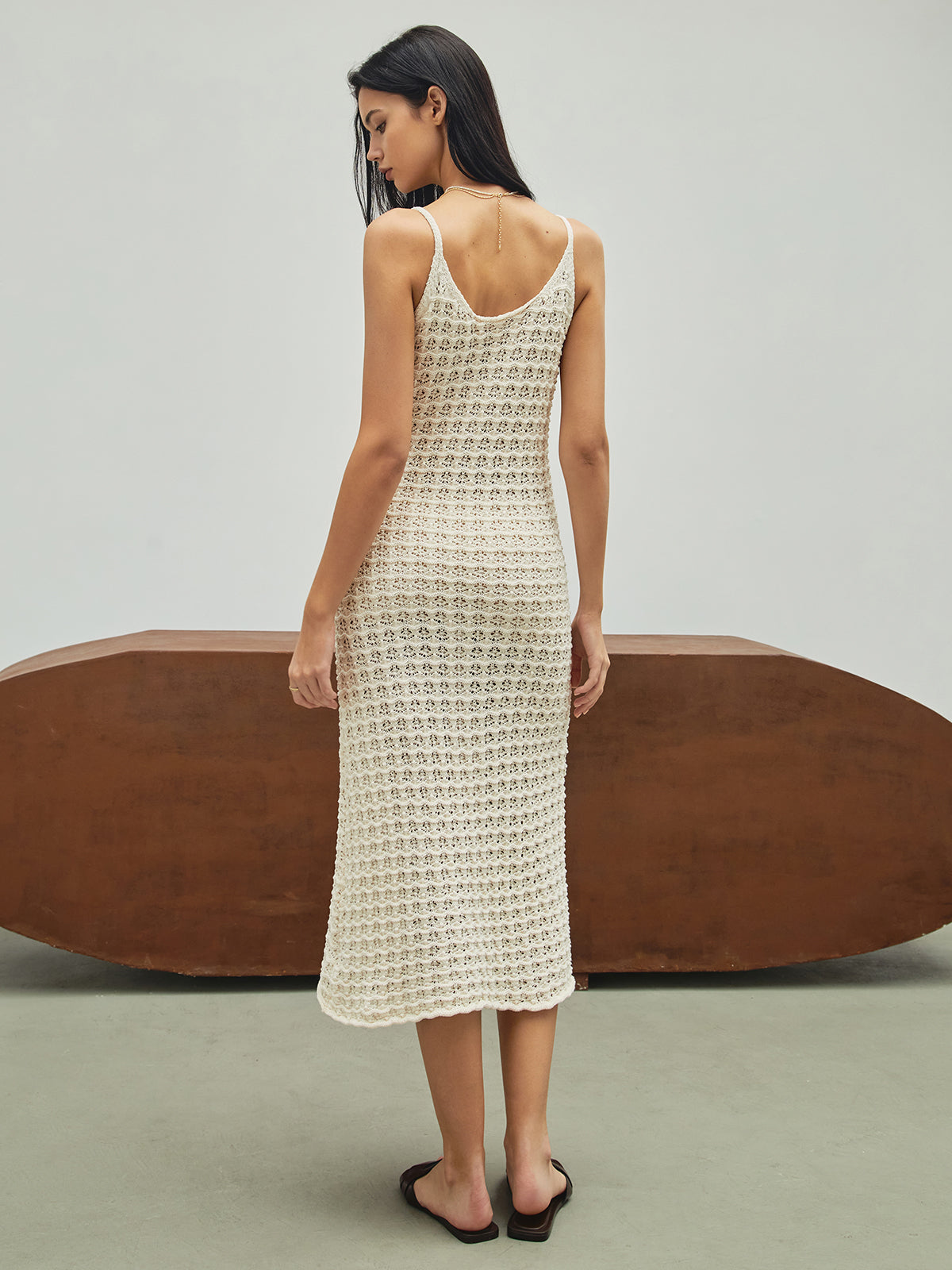 Askılı Örgü Triko Midi Elbise – Ekru