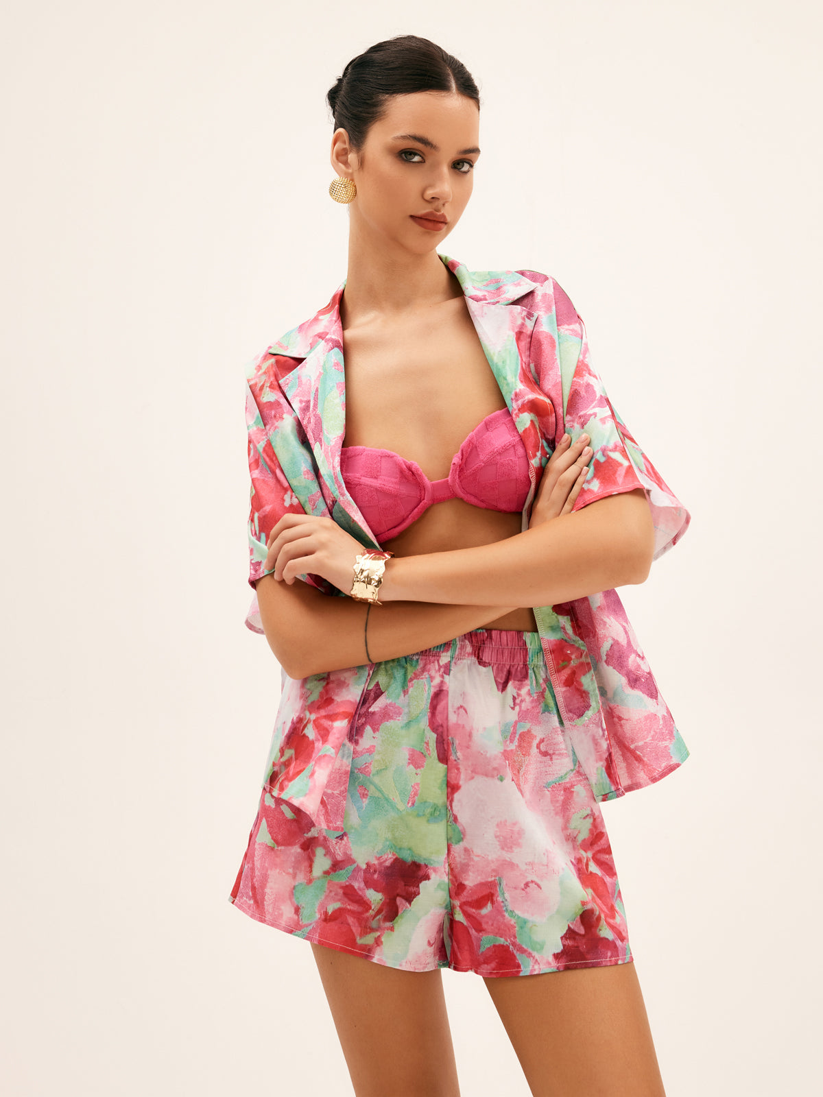 Desenli Relaxed Fit Rahat Şort – Pembe Yeşil