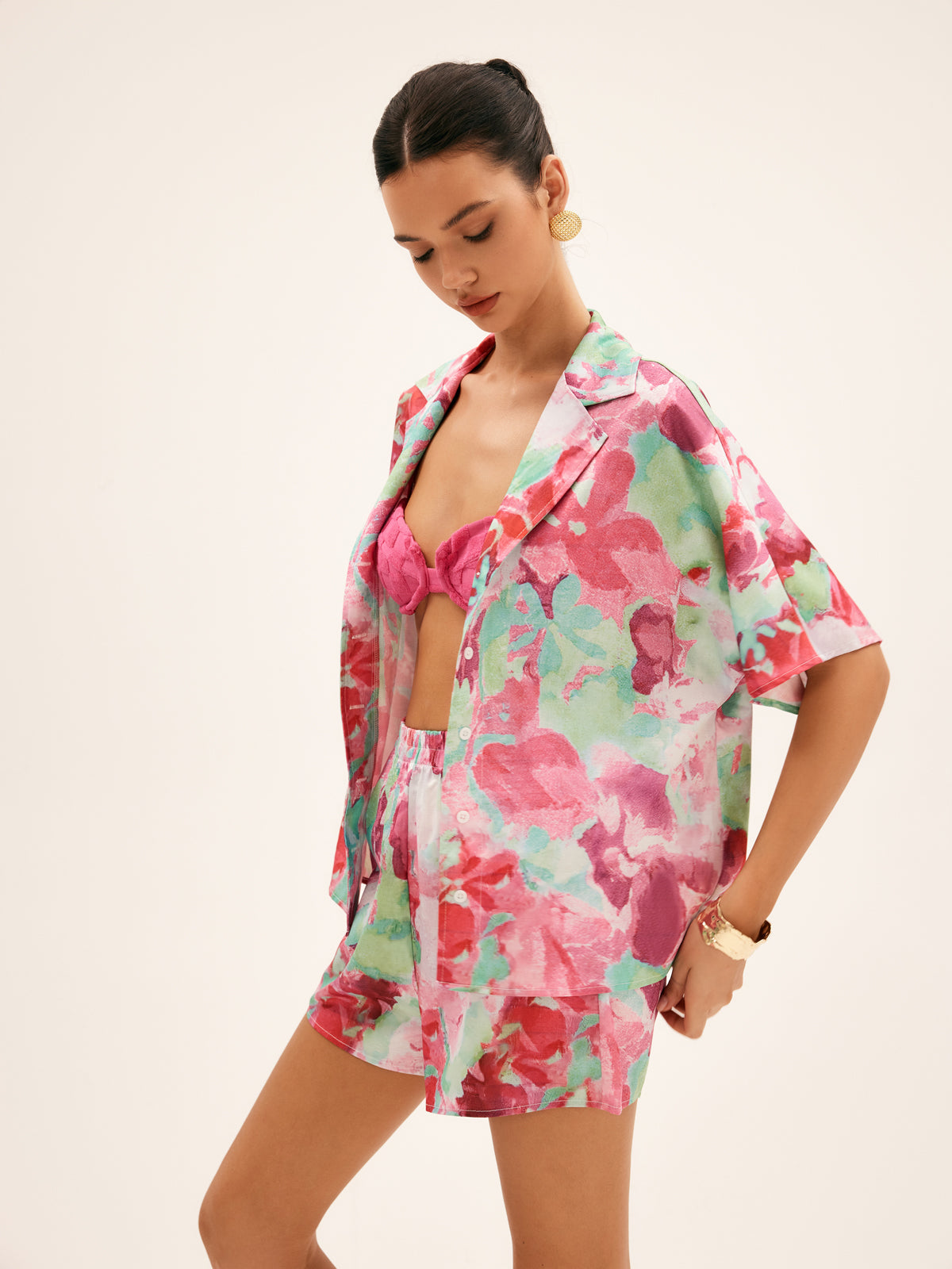 Desenli Relaxed Fit Rahat Şort – Pembe Yeşil