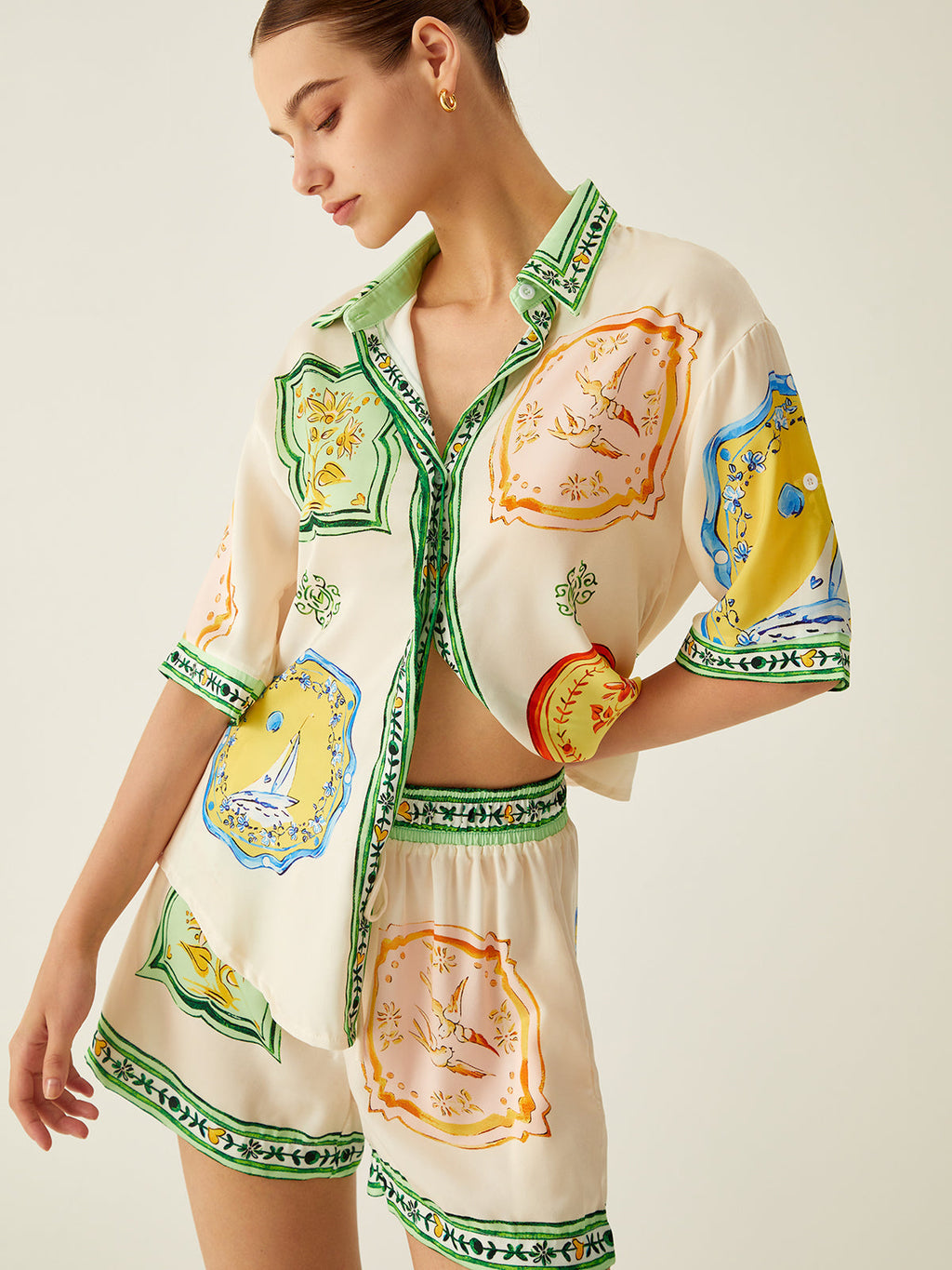 Oversize Pamuklu Desenli Şort Takım – Somon