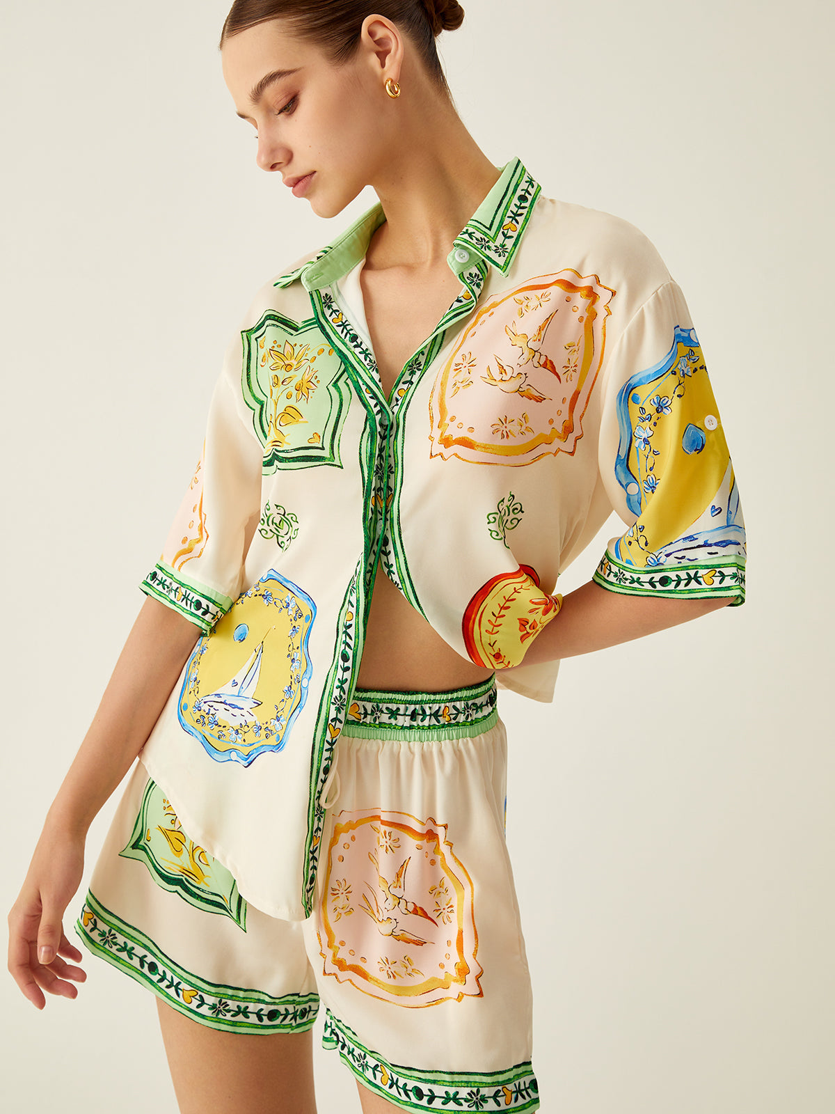 Oversize Pamuklu Desenli Şort Takım – Somon