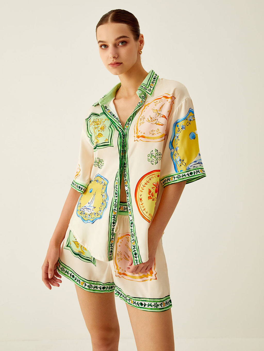 Oversize Pamuklu Desenli Şort Takım – Somon