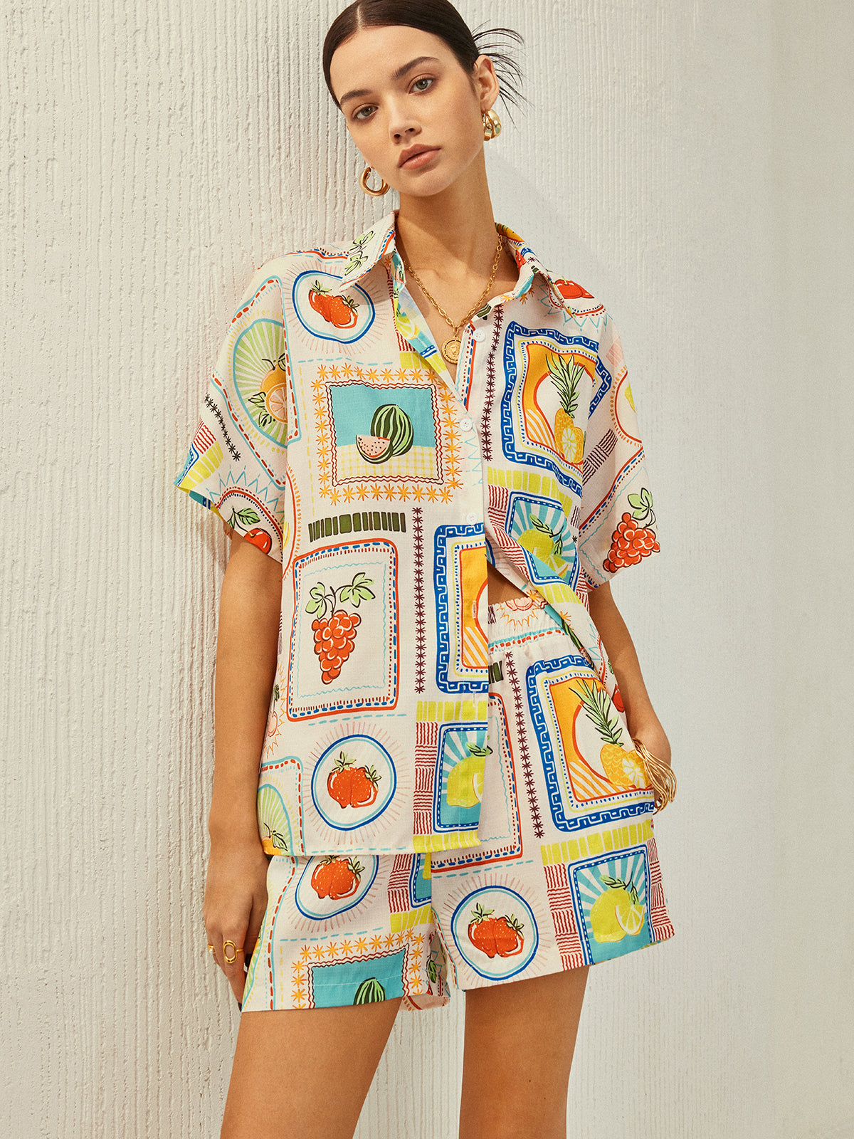 Desenli Relax Fit Kısa Takım – Ekru